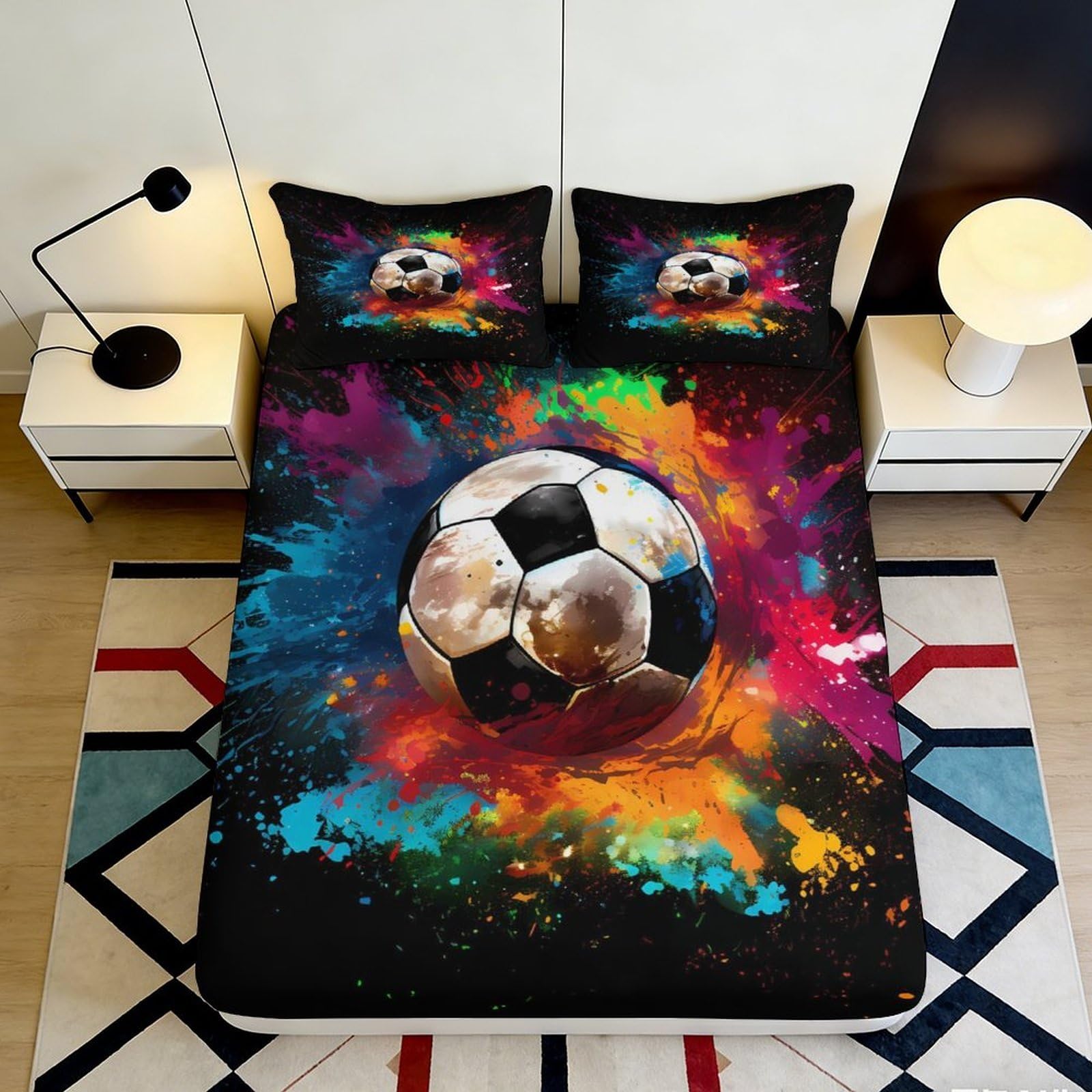 3D Printed Color Splash Soccer Fitted Sheet Microfiber Soft Vibrant Football Bed Cover for Bedroom Dorm Mattress Protection Decor 120x200x25cm