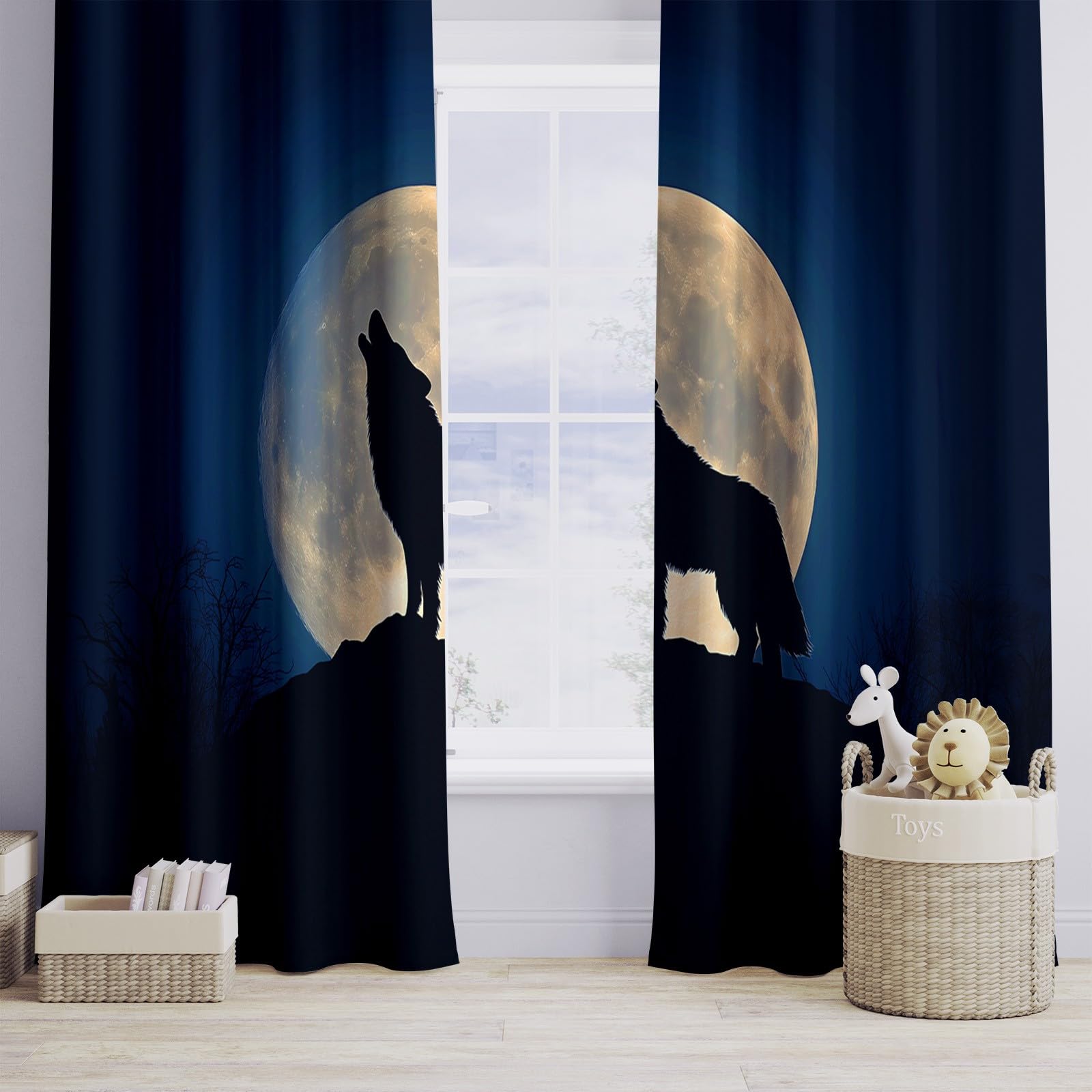 Generisch Tiere Vollmond Wolf Vorhänge 166 x 75 cm, Kunststil Verdunkelungsvorhänge Ösenvorhänge Blickdicht Thermo Lärmschutz, Lichtundurchlässig für Kinderzimmer Schlafzimmer Deko, 2er Set