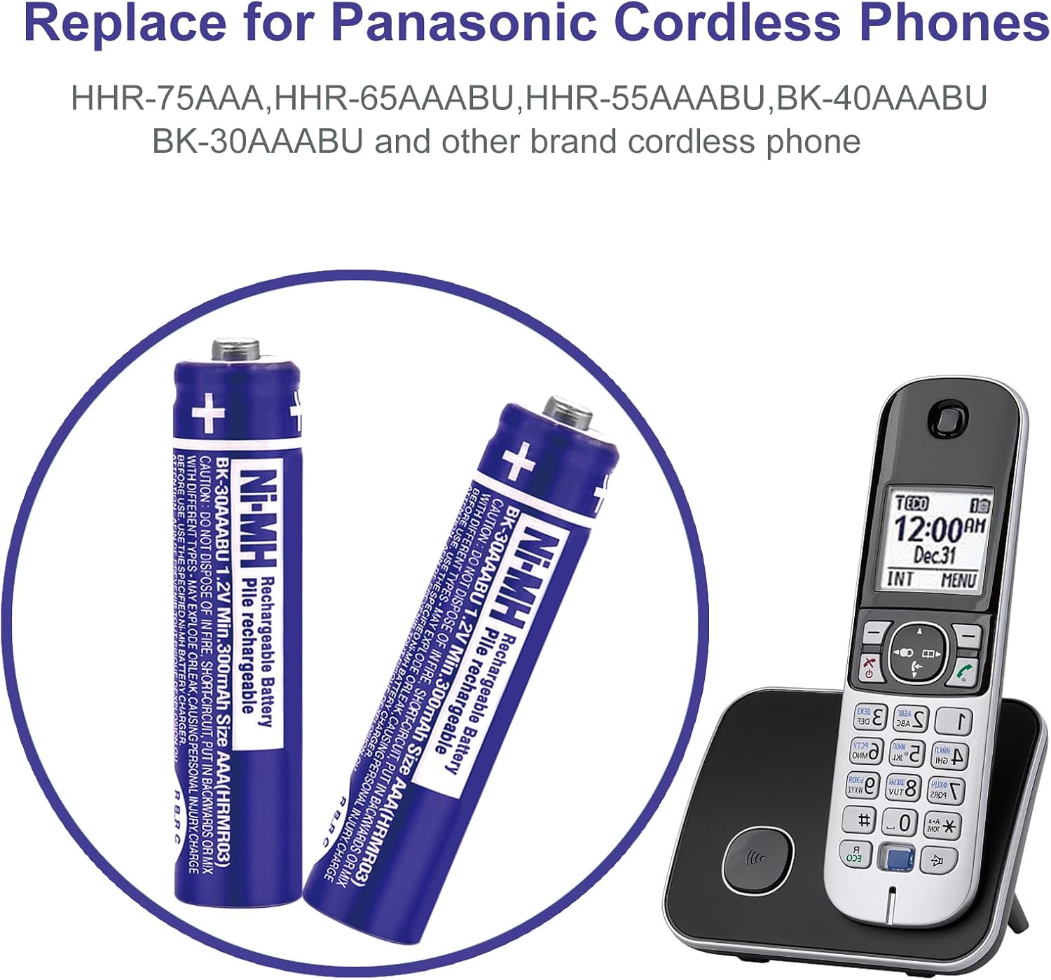 Two OSIM BK-30AAABU Ni-MH AAA batteries shown with a Panasonic cordless phone, indicating compatibility.