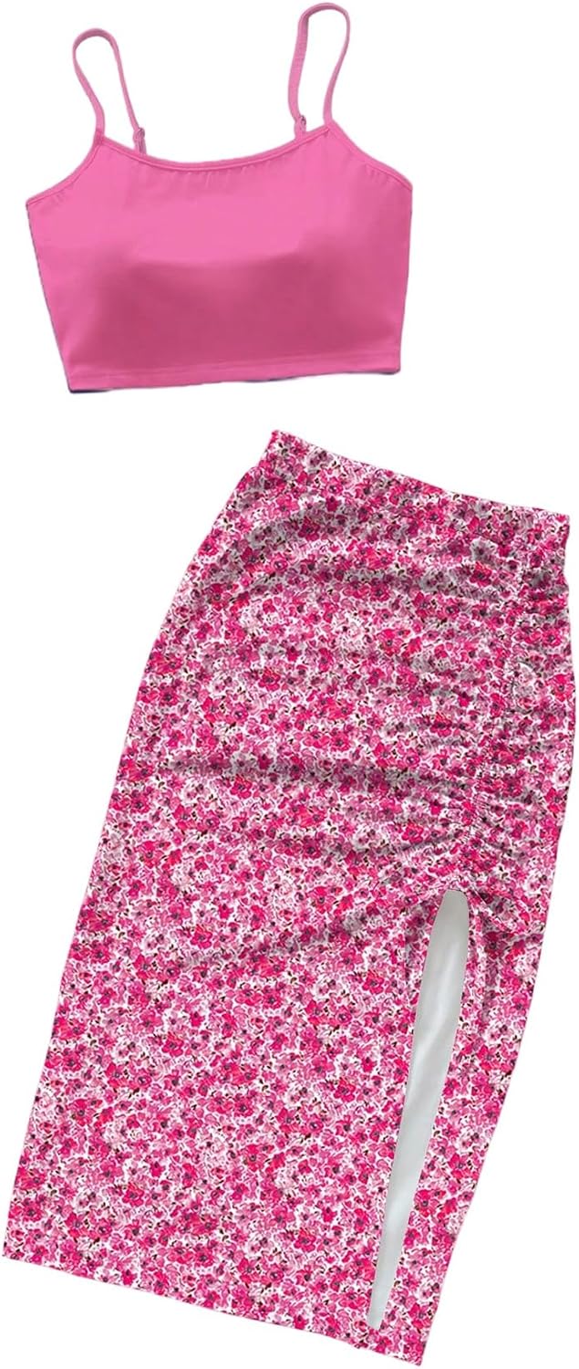 Verdusa Women's 2 Piece Summer Outfits Crop Cami Tops with Floral Split Skirts Vacation Sets