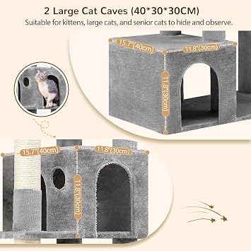 Globlazer S76B Cat Tree Tower 193cm with 2 Caves Hammock for 2-4 Heavy Cats | Sturdy Cat Tree with Hammock 50*40cm Platform Large Lounging Area, Easy to Assemble Cat Tower for Large Cats Senior Kitten