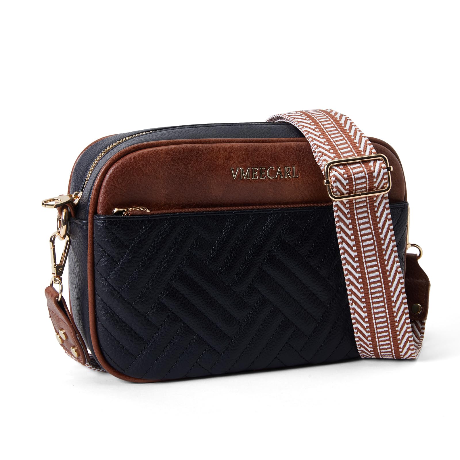 Quilted Crossbody Bag for Women, Vegan Leather Small Shoulder Purse with Adjustable Wide Guitar Strap &amp; 5 Pockets