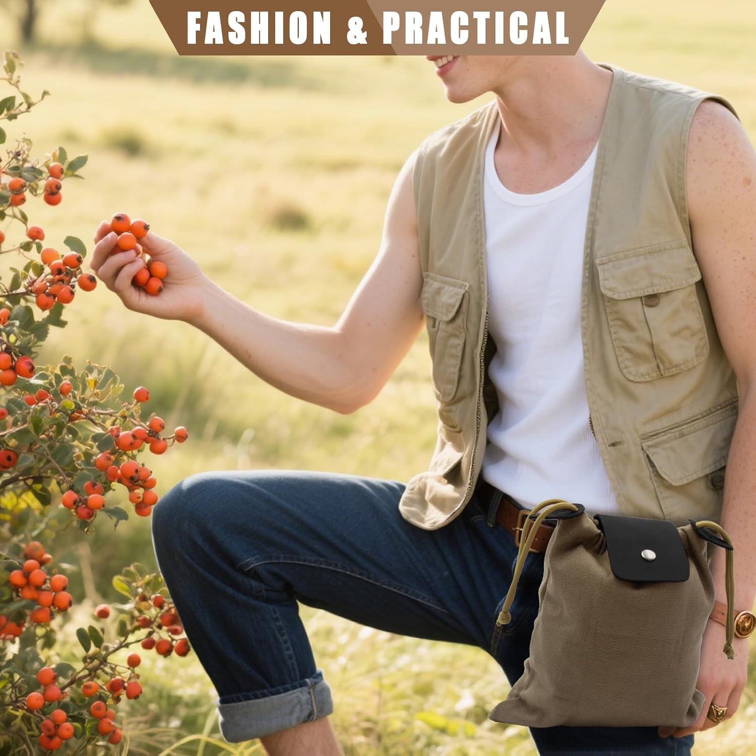 RingSun Waxed Canvas Mushroom Foraging Bag, Collapsible Camping Foraging Pouch, Leather Bushcraft Belt Tinder Dump Pouchs - Image 7