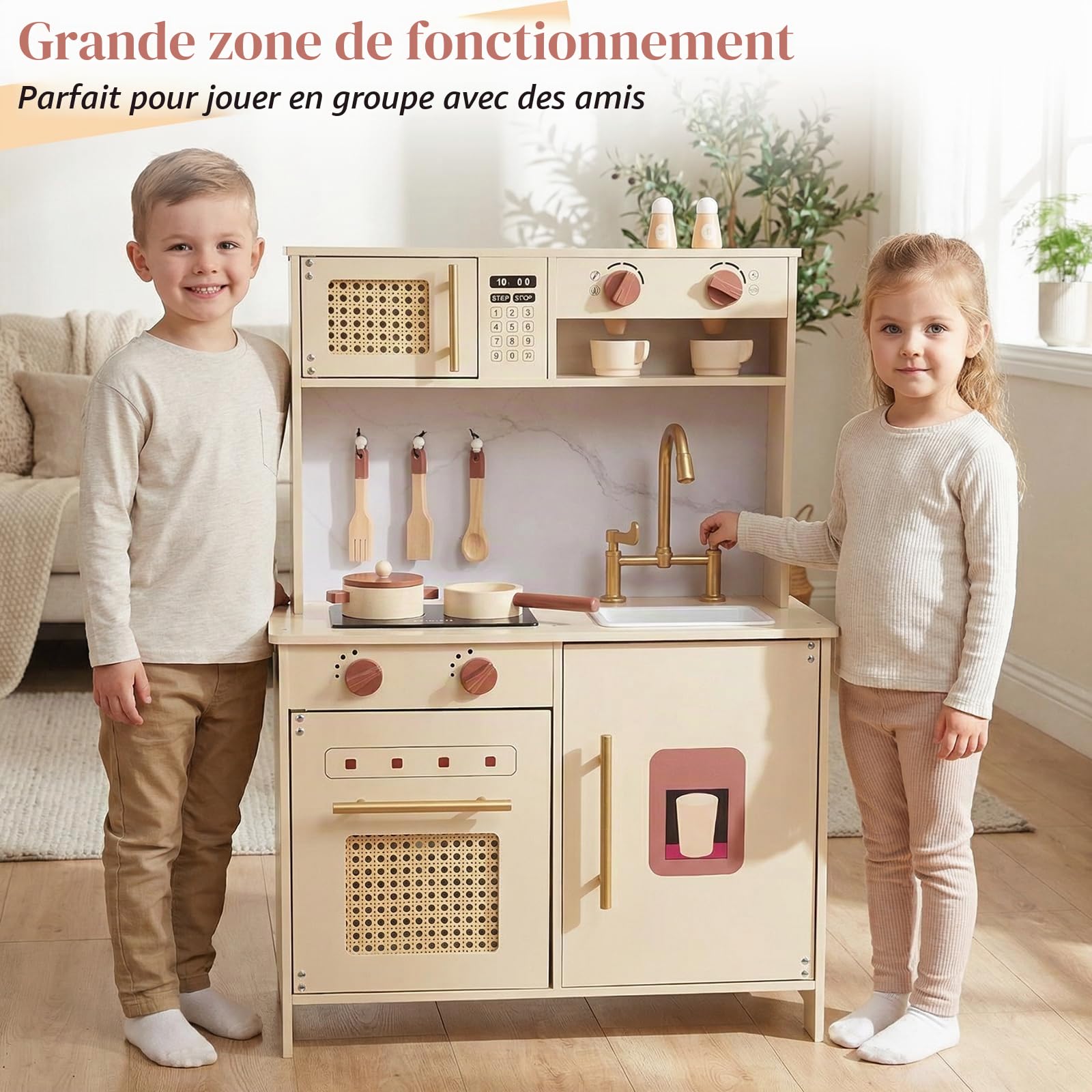 WOODENFUN Cuisine Jeu rétro crème Bois Micro-Ondes Four évier, Jeu de rôle 3 Ans(Jaune)