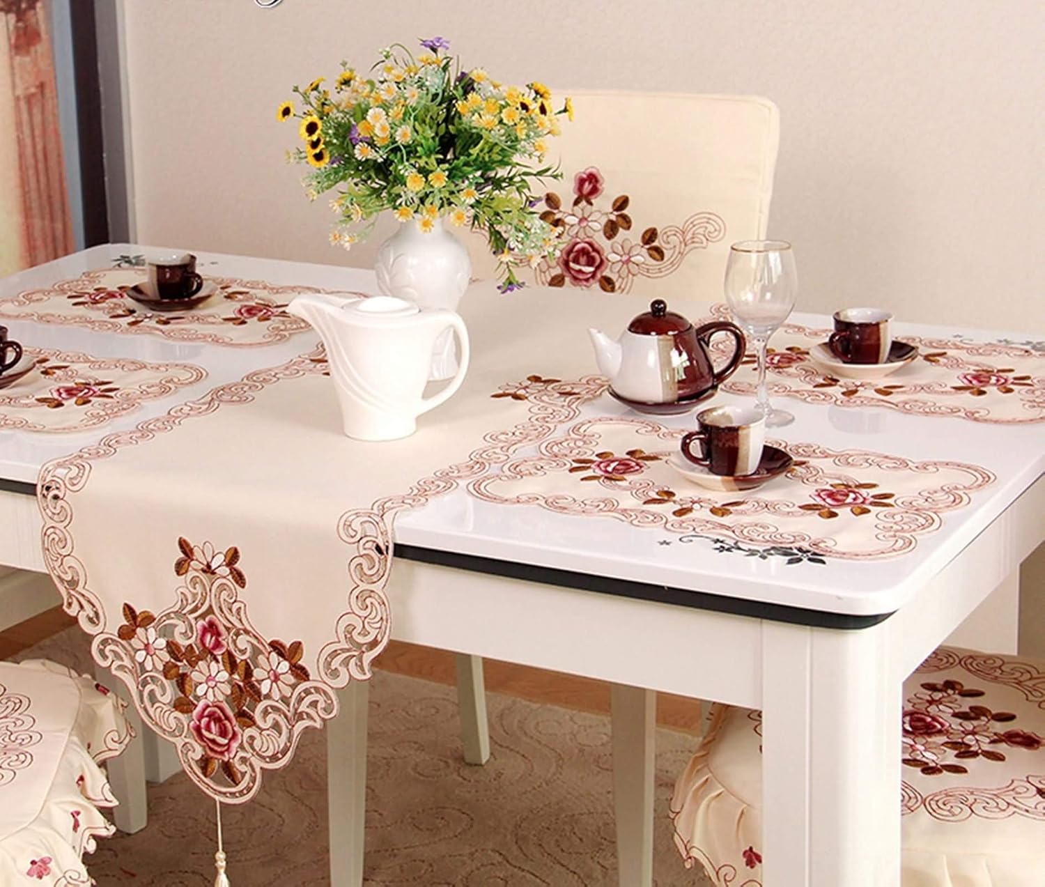 Autumn Table Runner,40x270CM,Flowers Embroidered with Tassel Table Runner Decorative Polyester,Table Runner Modern Champagne