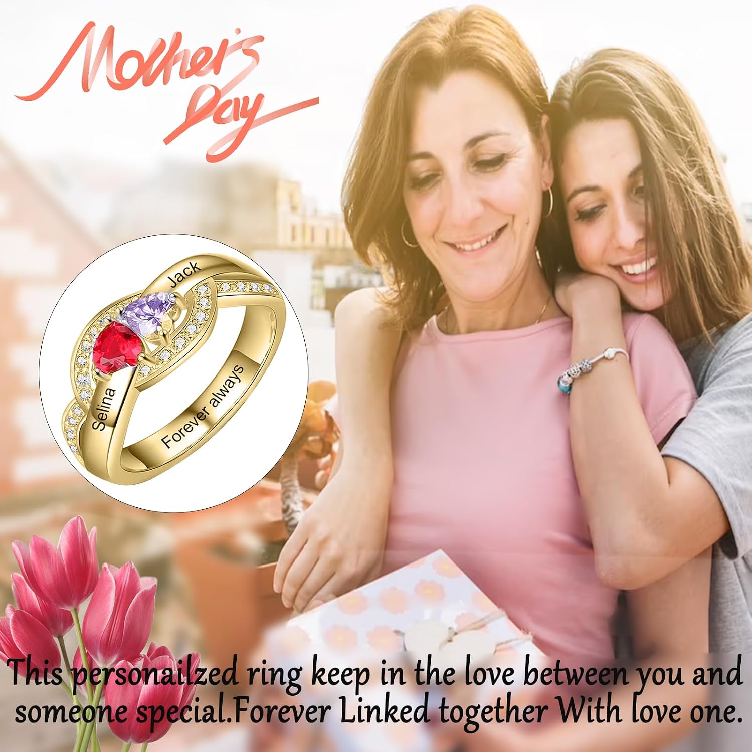 10k 14k 18k Real Gold Birthstone Rings Mother's Ring With Names Personalized 2 Birthstones Rings for Women Real Gold Customized Name Rings for Mom Jewelry for Mothers Day Birthday