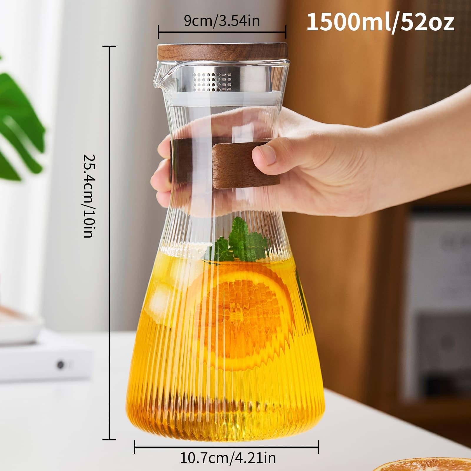 MESNEY Jarra Agua Cristal con Tapa, 1500ml Jarra de Agua Cristal de Borosilicato, Resistente al Calor, con Filtro de Acero Inoxidable, Apta para Nevera y Estufa