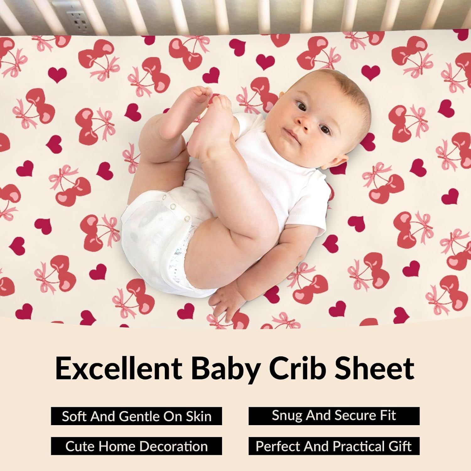 Valentine's Day Cherry Baby Boys Girls Crib Sheets Pink Cherry Bows Love Heart Toddler Bed Sheets Valentine Fruits Fitted Crib Mattress Cover for Standard Crib Mattresses 52''x28''