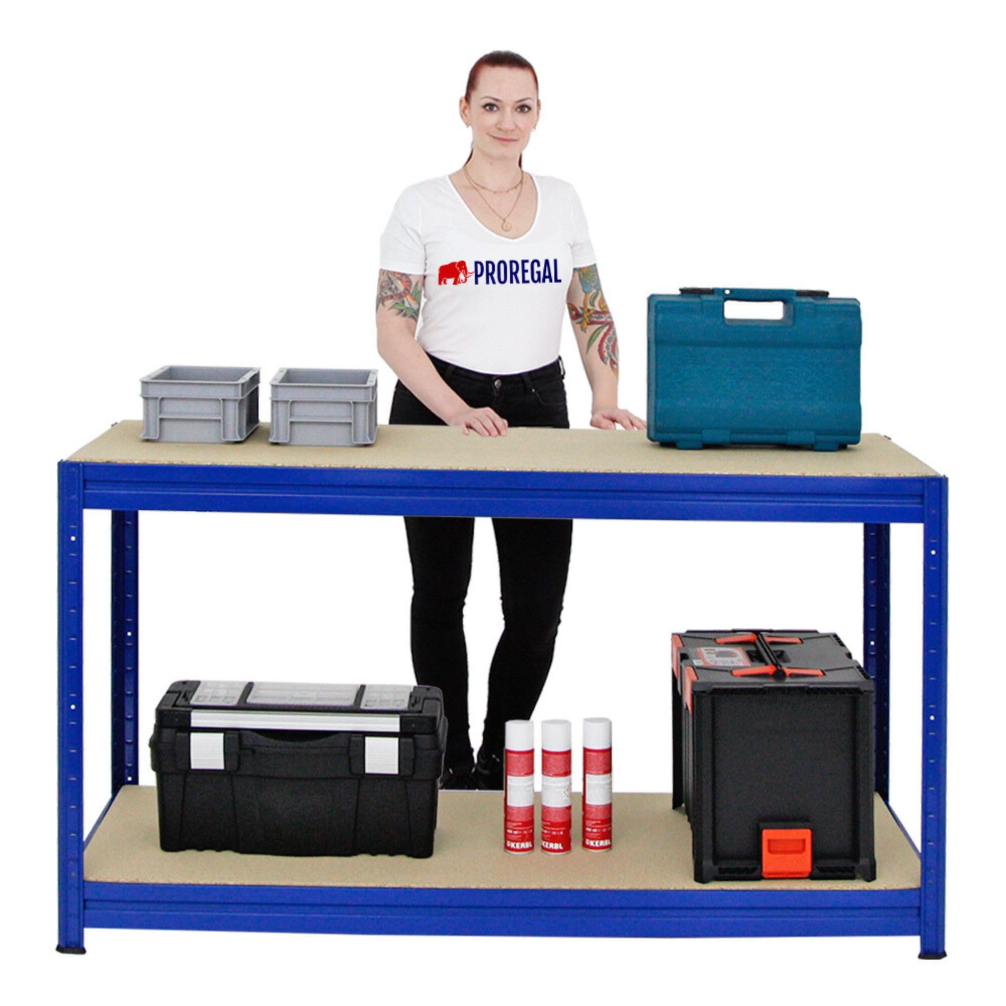 PROREGAL Höhenverstellbare Werkbank Dino Blau HxBxT 90x160x60cm Traglast 600kg Werktisch Arbeitstisch Steckmontage Packtisch