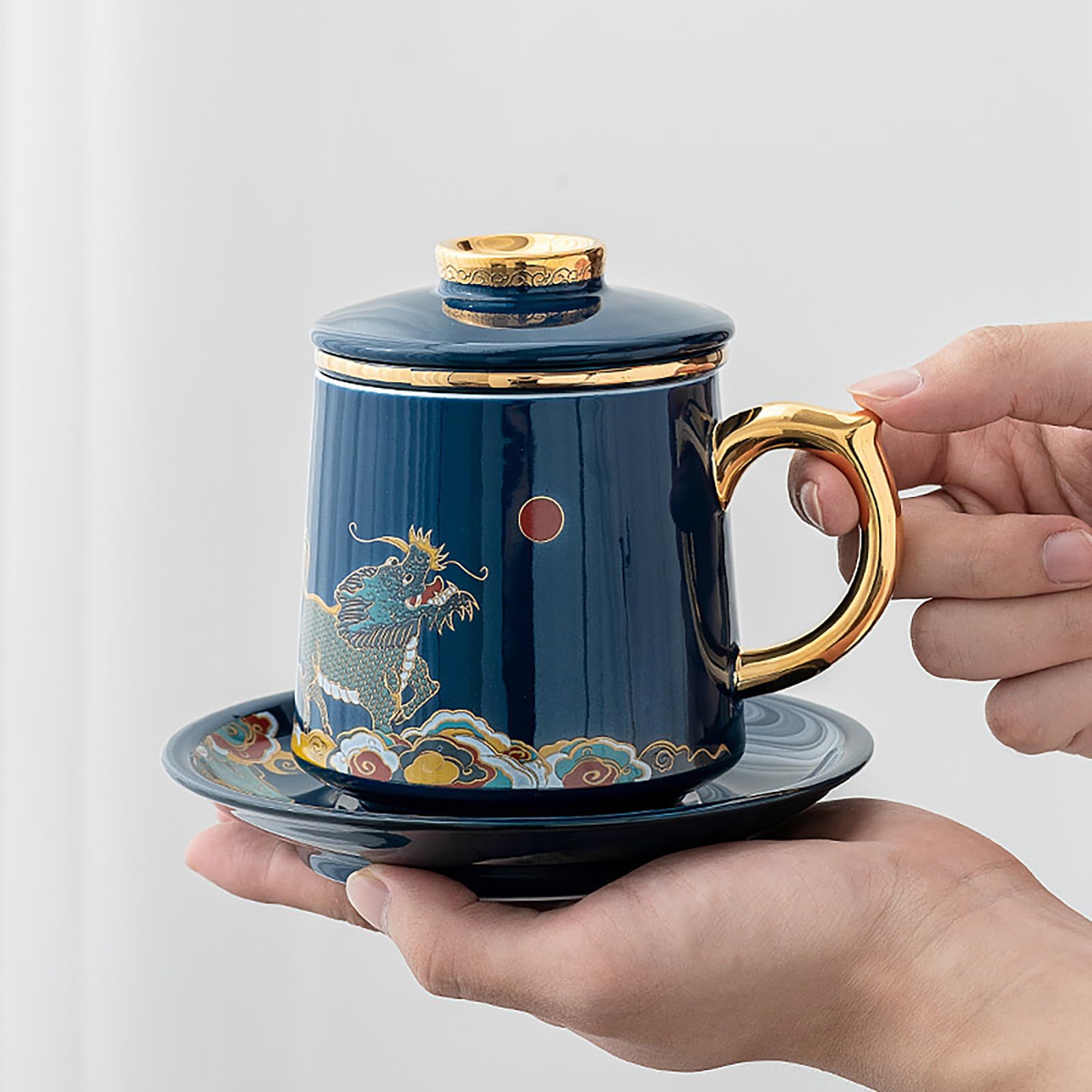 Tazza con infusore e coperchio, per tè sfuso, per tè sfuso, tazza da ufficio, tazza in ceramica con coperchio, separazione del tè, tazze da tè per uso domestico (ciano)