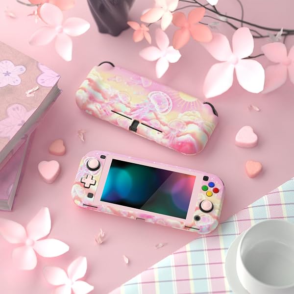 PlayVital Cover per Nintendo Switch Lite,Custodia Grip Ergonomica Copertura Protettiva Rigida Pellicola Copri Analogici per Nintendo Switch Lite Console-ZealProtect-Paradiso delle Meduse Rosa - 4