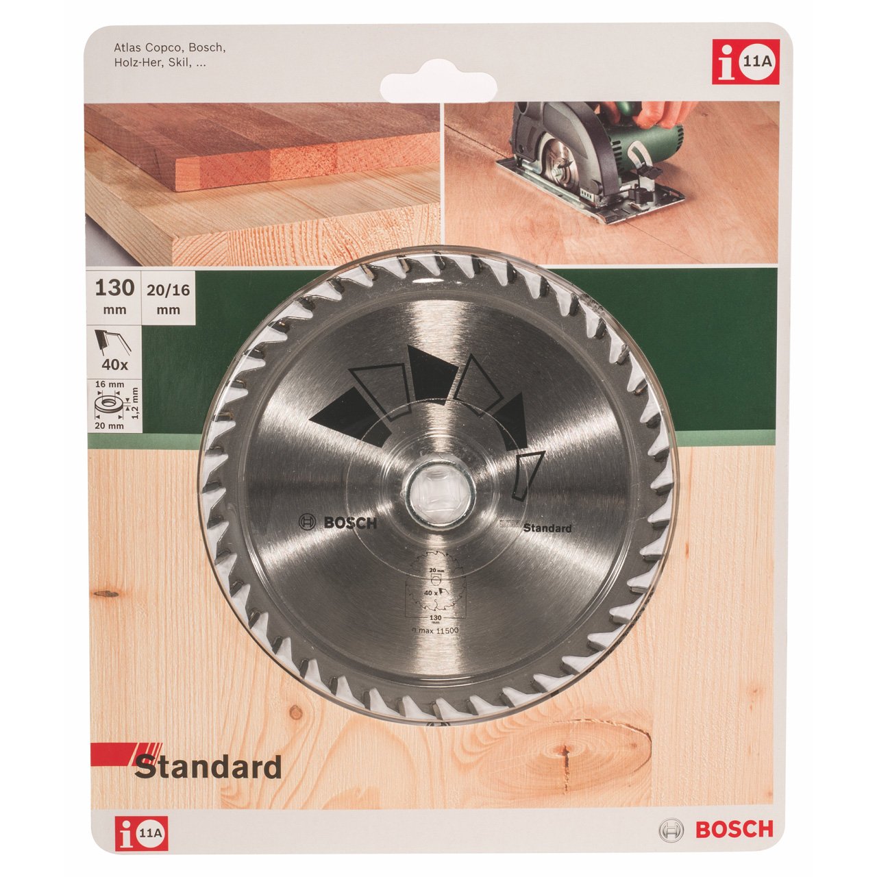 Bosch 1x Hoja de Sierra Circular Standard (para Madera, Ø 130 x 2.2/1.5 x 20/16 mm, 40 Dientes, ATB, con 1x Anillo de Reducción 16 mm, Accesorios Sierras Circulares)