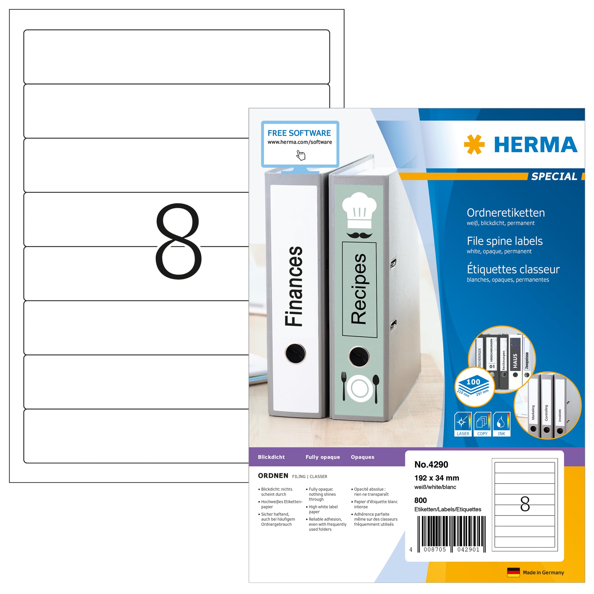 HERMA Self Adhesive Spine Labels, 8 Labels per A4 Sheet, 100 Sheets, 192 x 34 mm, 800 Labels, Blank Lever Arch File Folder Labels Stickers, Sticky Labels for Laser & Inkjet Printer, White