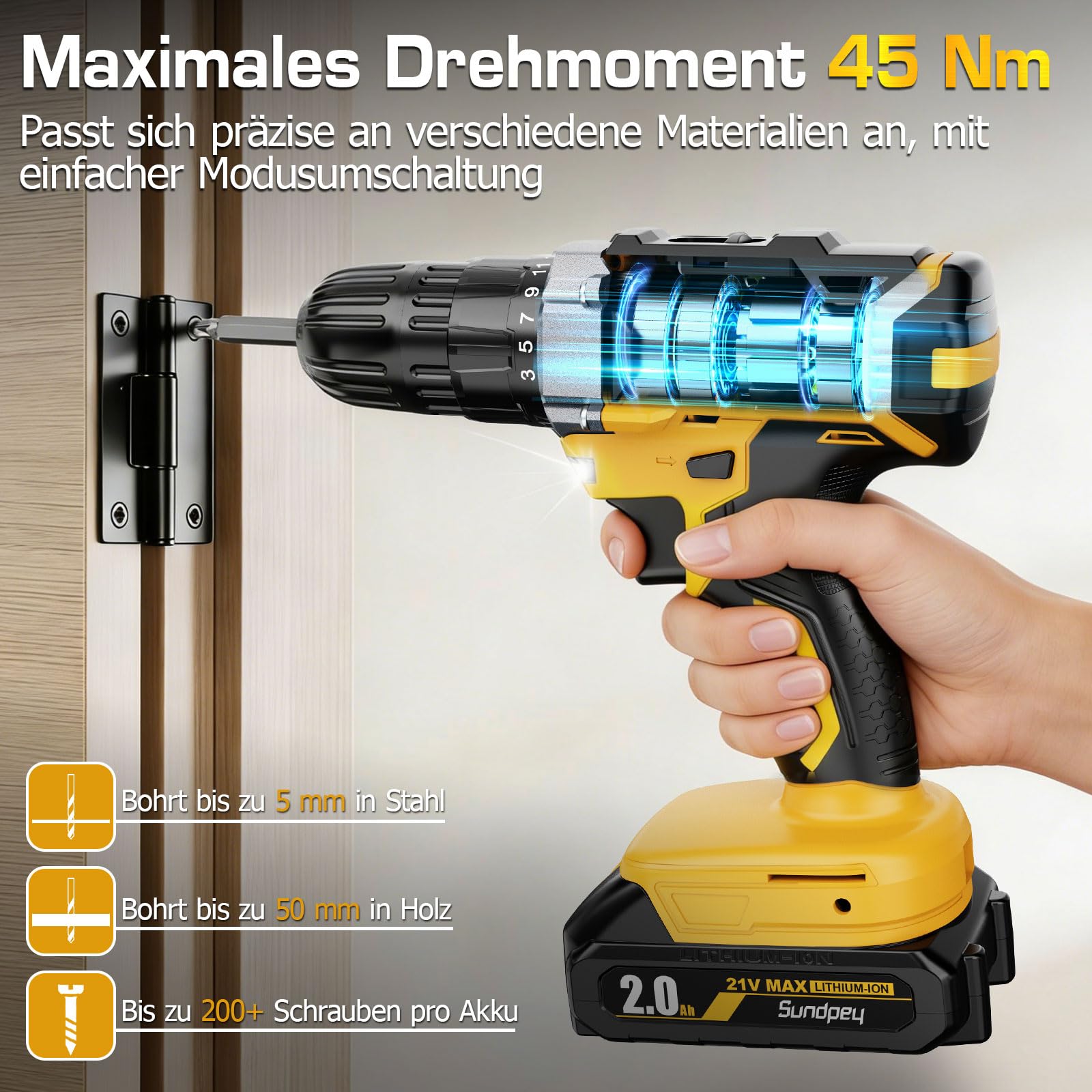 Destornillador inalámbrico con batería de 2000 mAh, 21 V, 45 Nm, taladro inalámbrico con 2 marchas, 25 + 1 niveles de par de giro, portabrocas de 10 mm, luz LED para reparación y bricolaje