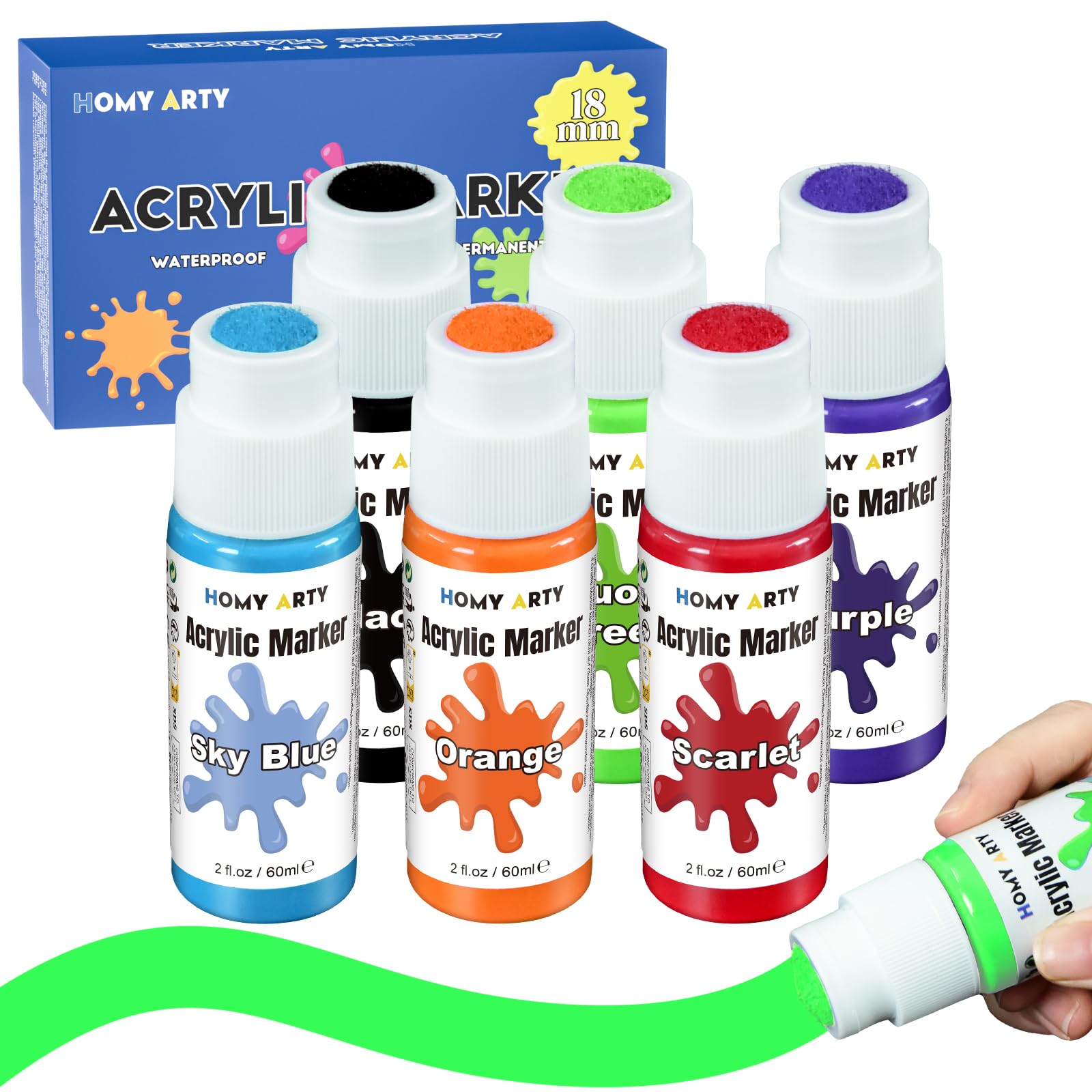 HOMY ARTY Acrylic Paint Markers - 18mm Jumbo Round Tip, 6 Colors Permanent Graffiti Markers, Waterproof Poster Markers for Stones, Signs, Canvas, Tagging, Painting