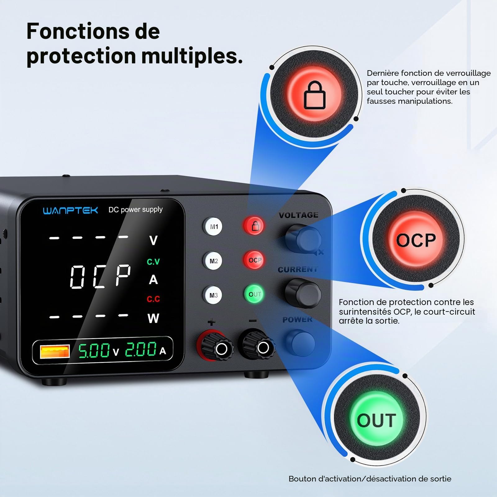 Alimentation de Laboratoire 120V 3A avec 3 Mémoires et clé de Verrouillage, Alimentation Stabilisée Réglable avec Protection OCP/Sorties/Charge Rapide USB/Affichage LED à 4 Chiffres