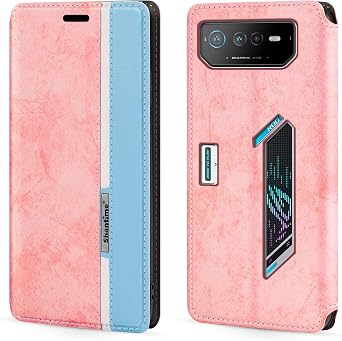 Colorblock Invisible Magnetic PU Leather Flip Case Compatible with Asus ROG Phone 6, Stylish Wallet Cover with Full Protection and Slim Design Pink