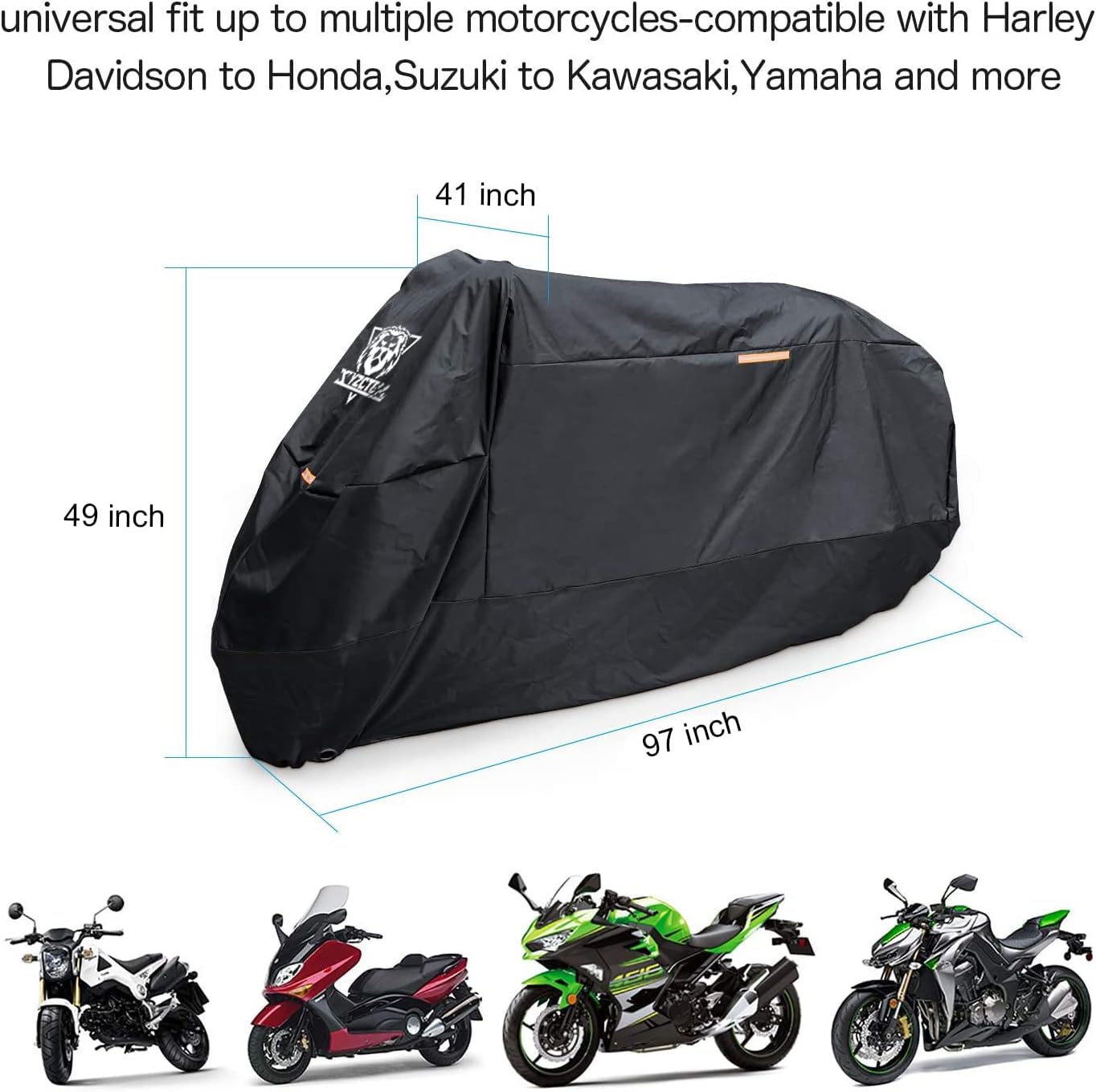 XYZCTEM Motorcycle Cover -Waterproof Outdoor Storage Bag,Made of Heavy Duty Material Fits up to 96 inch, Compatible with Harley Davison and All Motors(Black& Lockholes& Professional Windproof Strap)