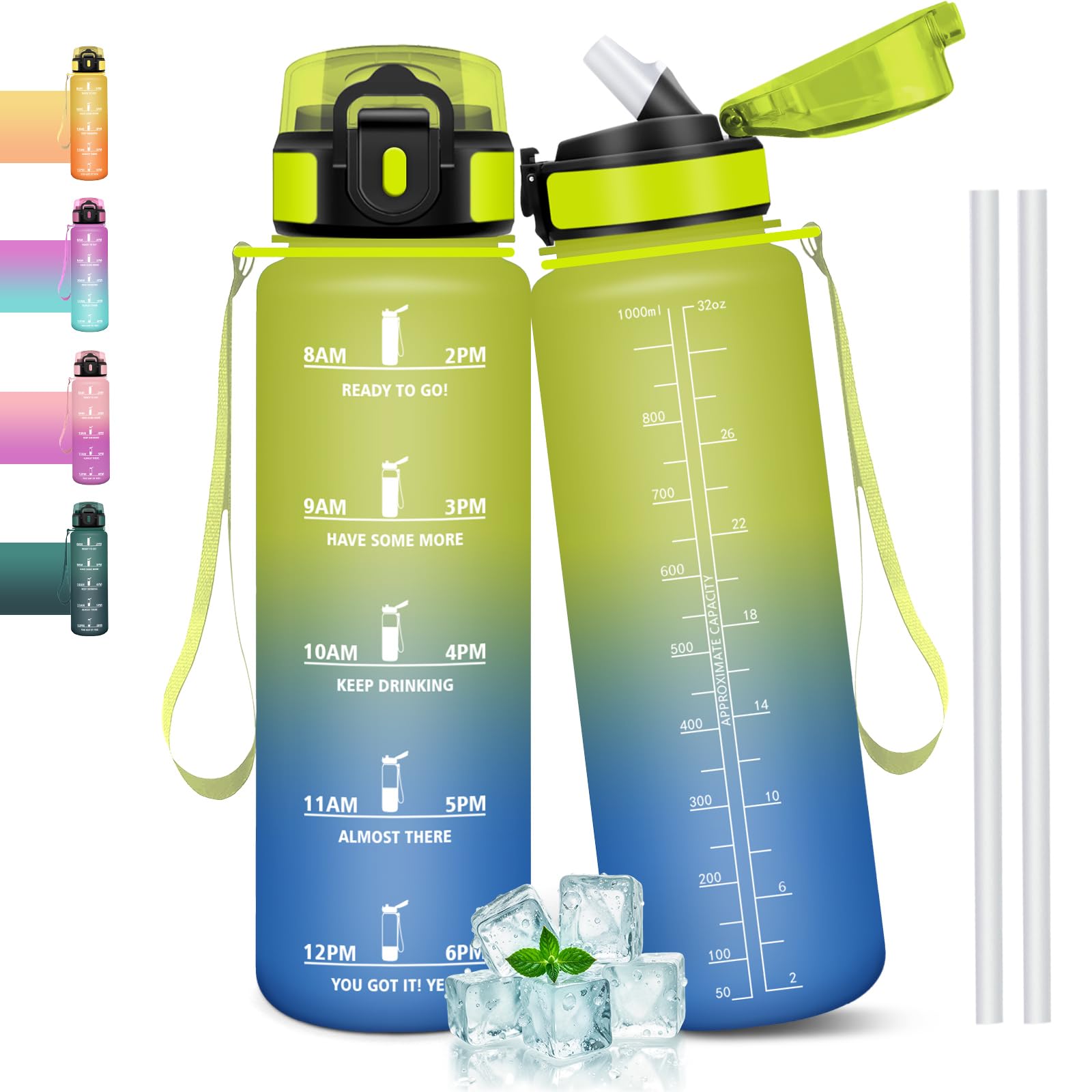 Mulbijeo Trinkflasche 1L, BPA-Frei, Trinkflasche mit Strohhalm, Wasserflasche Auslaufsicher, Wasserflasche Kohlensäure Geeignet, Tragbares Trageseil, Sportflasche für Laufen, Fahrrad, Fitness