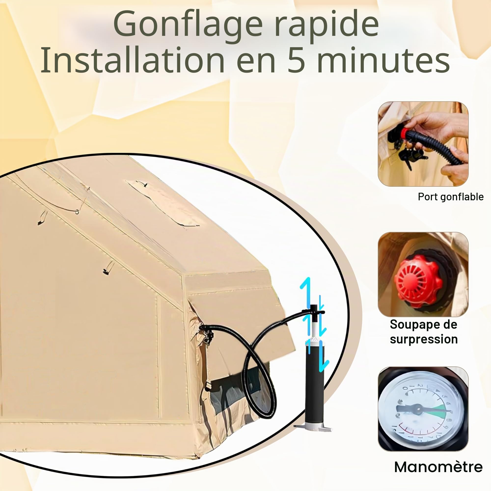 HikerSKY Tente Gonflable De Camping – 4 Saisons, Imperméable Oxford 420D – 2-4 Personnes – Pompe Manuelle Incluse