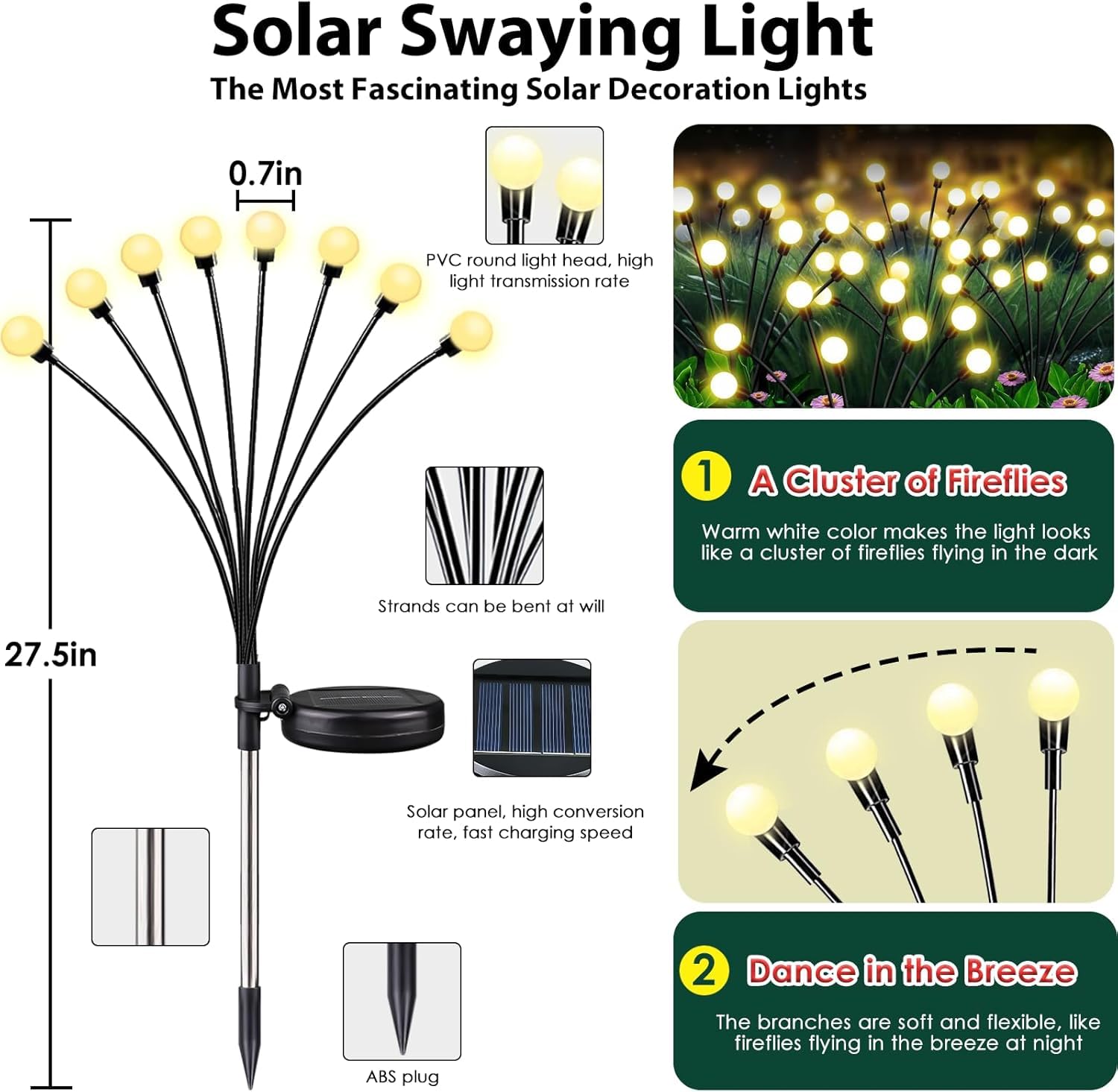 Solar-Gartenleuchten für den Außenbereich, wasserdicht, Glühwürmchen-Lichter, Warmweiß, 6 Stück | 2 Beleuchtungsmodi, Auto On/Off, 48 LED Sway mit Wind, Solarleuchten Außen für Garten Hof Weg Dekorationen
