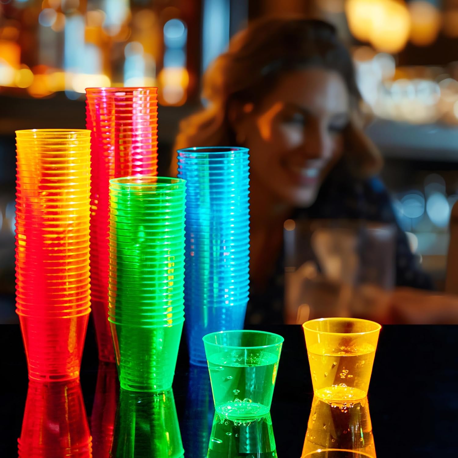 FOCUSLINE 300Pack 1 Oz Plastic Shot Glasses Set, Neon Party Mini Glasses