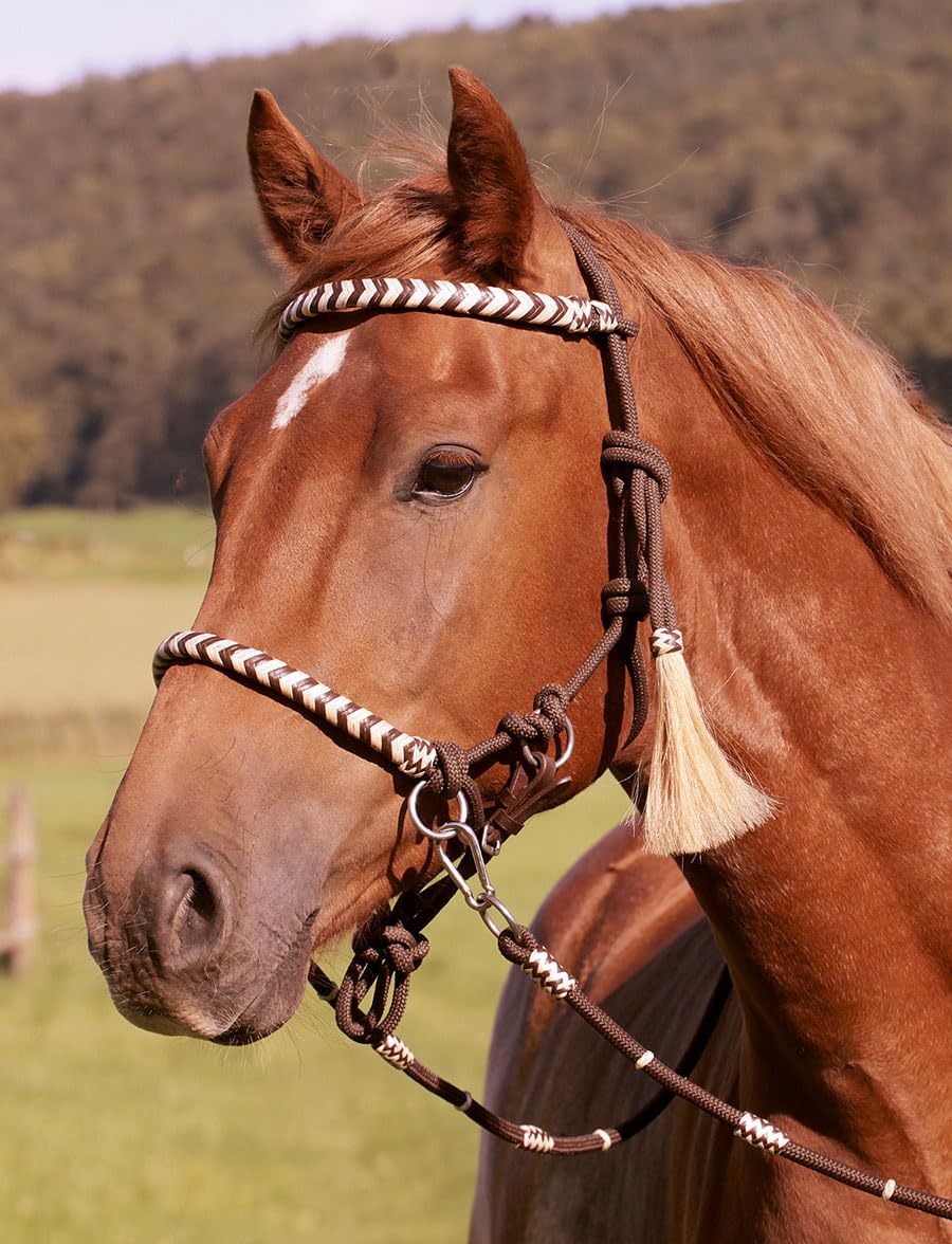 Barefoot Seneca REIT-Halfter 3‑in‑1 – Knoten-Kopfstück als Halfter, gebisslose Zäumung oder mit Gebiss erweiterbar – mit Rohhaut-Verzierung und echter Horse-Hair-Tassel – Größe COB
