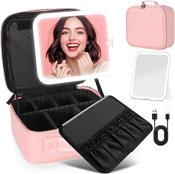 LiveGo Travel Makeup Bag with LED Mirror, Cosmetic Makeup Organizer Bag with 3-Color Lighting, Adjustable Brightness, and Removable Dividers, Waterproof Makeup Case Pink