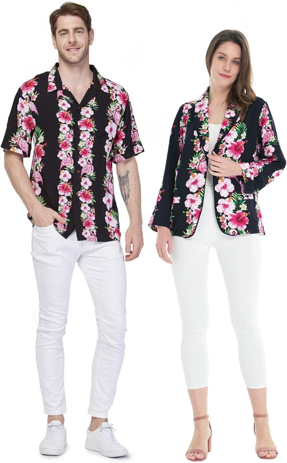 Amazon.com: Couple Matching Hawaiian Luau Shirt and Jacket in Pink Black Hibiscus Vine: Clothing