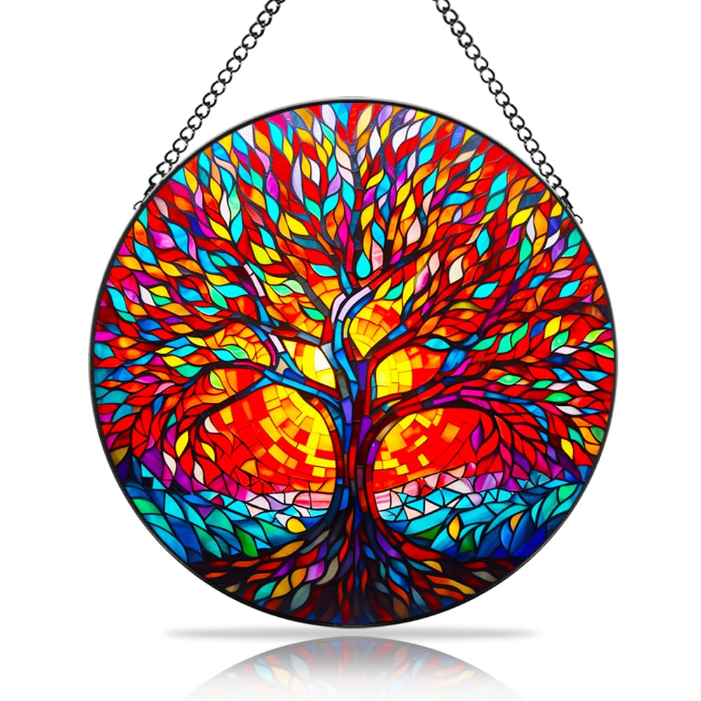 Tree of Life Suncatcher Stained Glass Window Hanging - 7.8″ Handmade Sun Catchers Indoor Window Sun Catcher Wall Art Home Decor Panel Gifts for Women