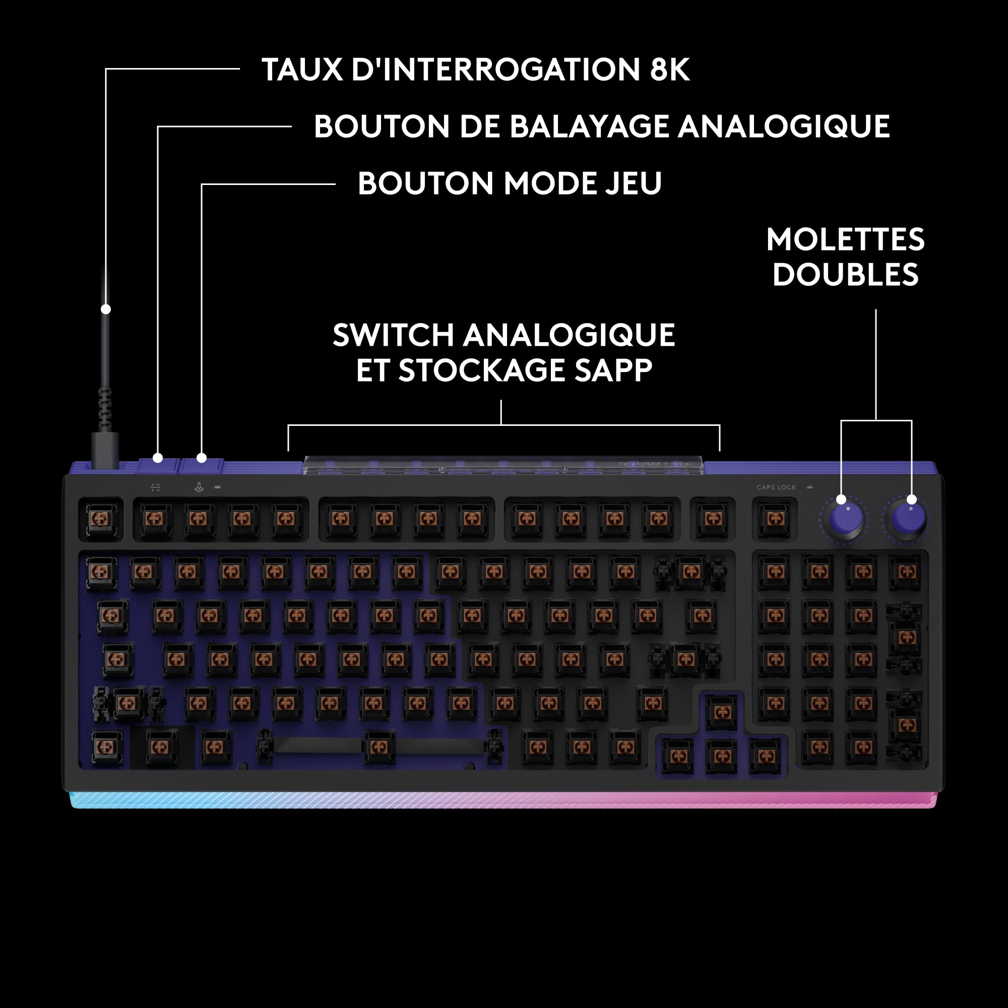 Logitech G G512 X 98 Dual Swap, Clavier Gaming TMR analogique/mécanique à switchs échangeables, taux d'interrogation 8K, déclenchement Rapide, RVB LIGHTSYNC, Filaire, PC, Mac, Français AZERTY - Noir