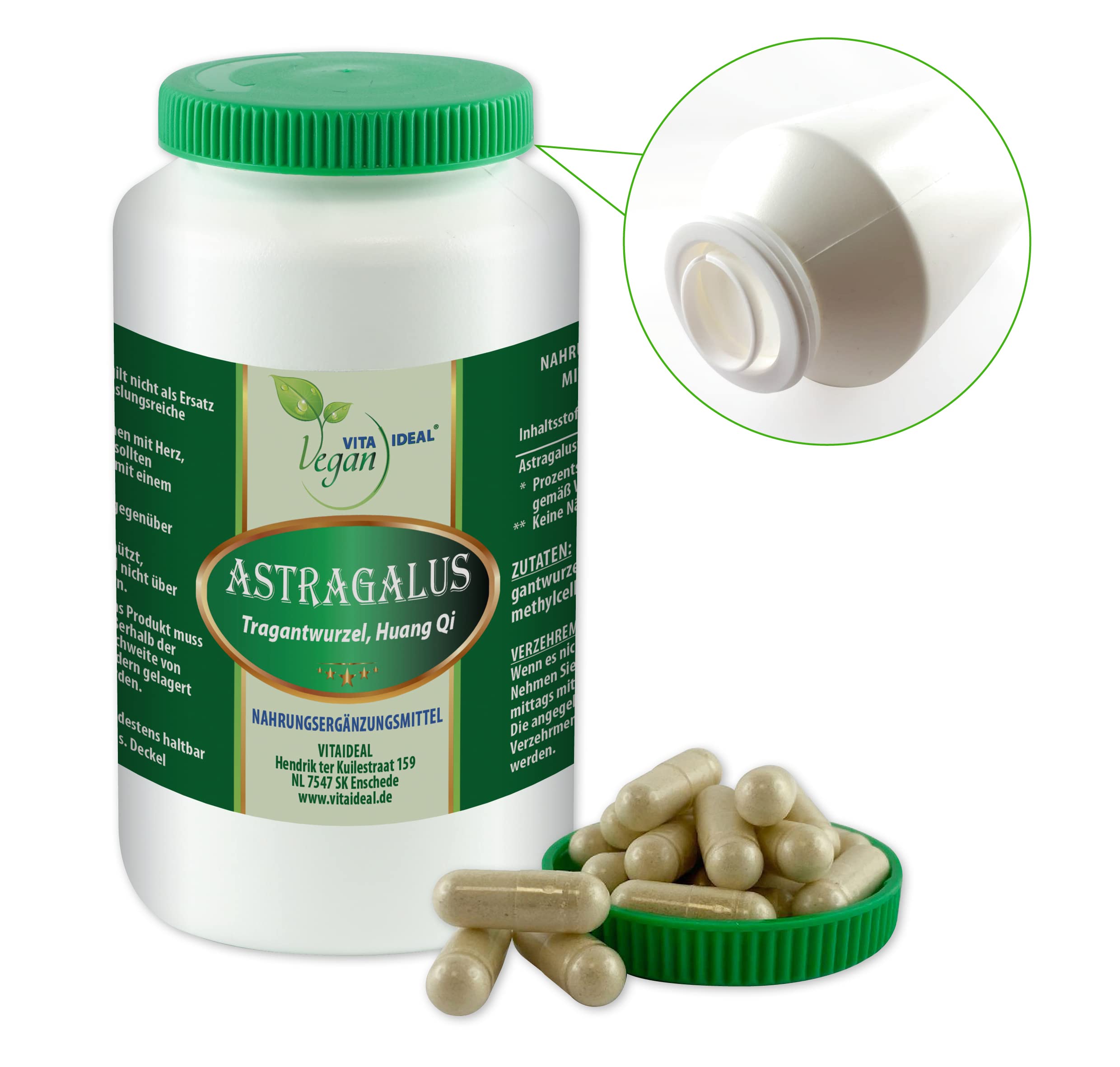 VITA IDEAL Vegan® Astragalus Wurzel 3x 360 Kapseln - Astragalus membranaceus - Tagesportion 900mg Tragantwurzel reines Pulver. Pflanzlich, natürlich und ohne Zusatzstoffe.