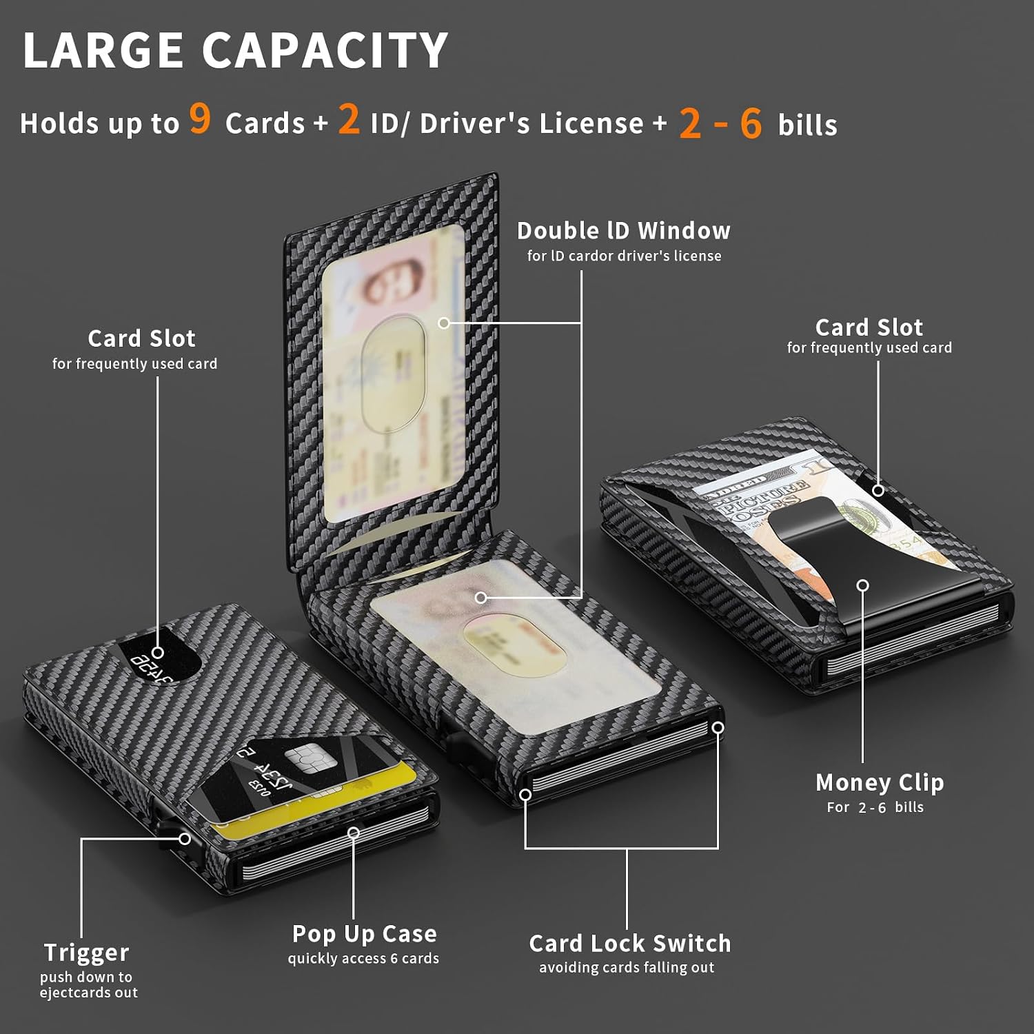 Wallet for Men,Aluminum RFID Blocking-Metal Smart Pop-Up Credit Card Holder with 2 ID Windows,Bifold Compact Security Anti Scanner Wallet & Money Clip,Men's accessories (bifold carbon)