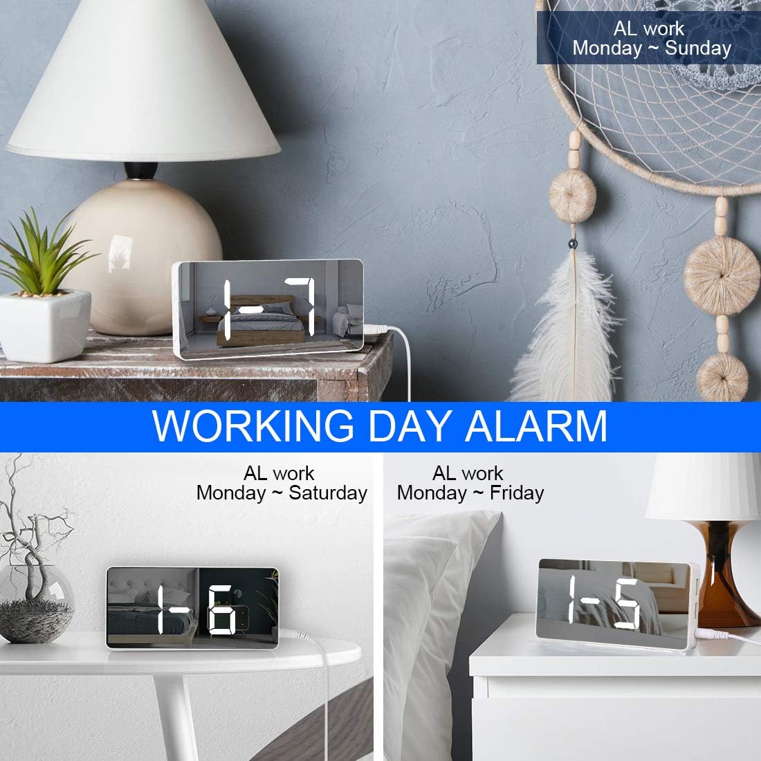 WulaWindy Digital Alarm Clock Large Mirrored LED Clock Snooze Function Dimming Mode Beside Clock for Bedroom Decor -White