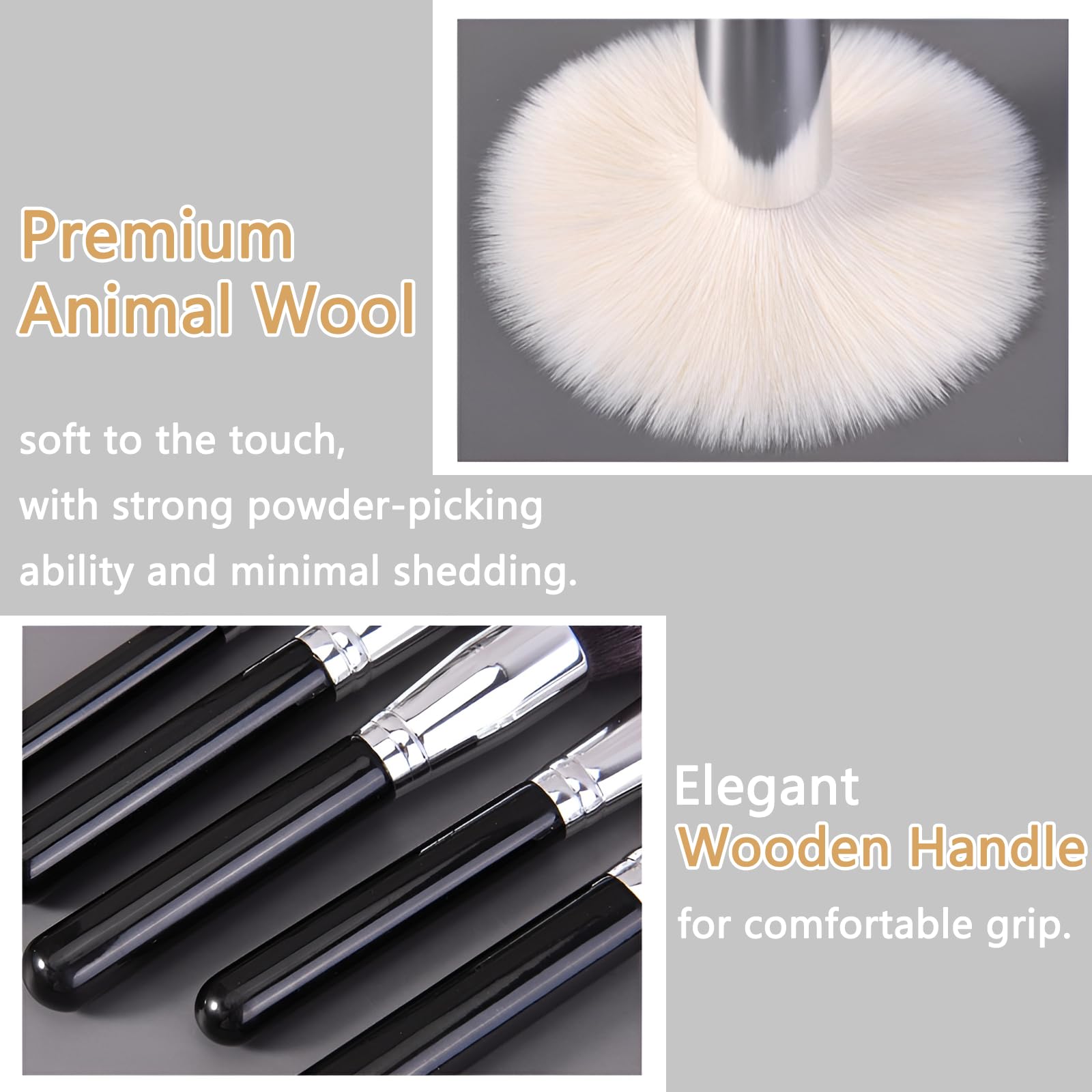 Makeup Brush Set, 15Pcs Professional Make Up Brushes, Premium Animal Wool Bristals, Ultra-soft Even Application, Foundation Powder Blusher Eyeshadow Eye Brow Contour Lip Brush Kit with PU Bag, Black - Image 4