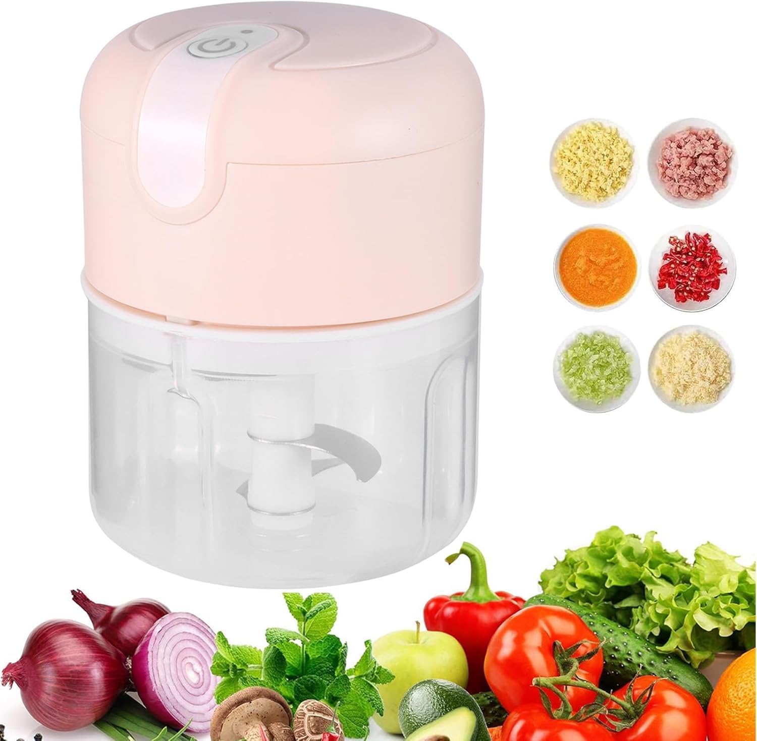 Compact 250ml Pink Electric Food Processor with 3 Blades & USB
