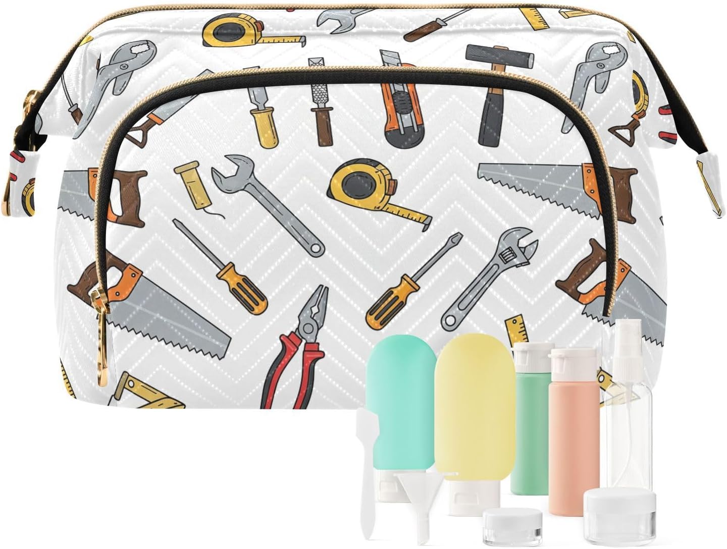 VIGTRO Hand Tools Pattern Makeup Bag Quilted Toiletry Bag Wide Open Cosmetic Bag with Bottles Kit Large Capacity Travel Organizer Pouch for Women