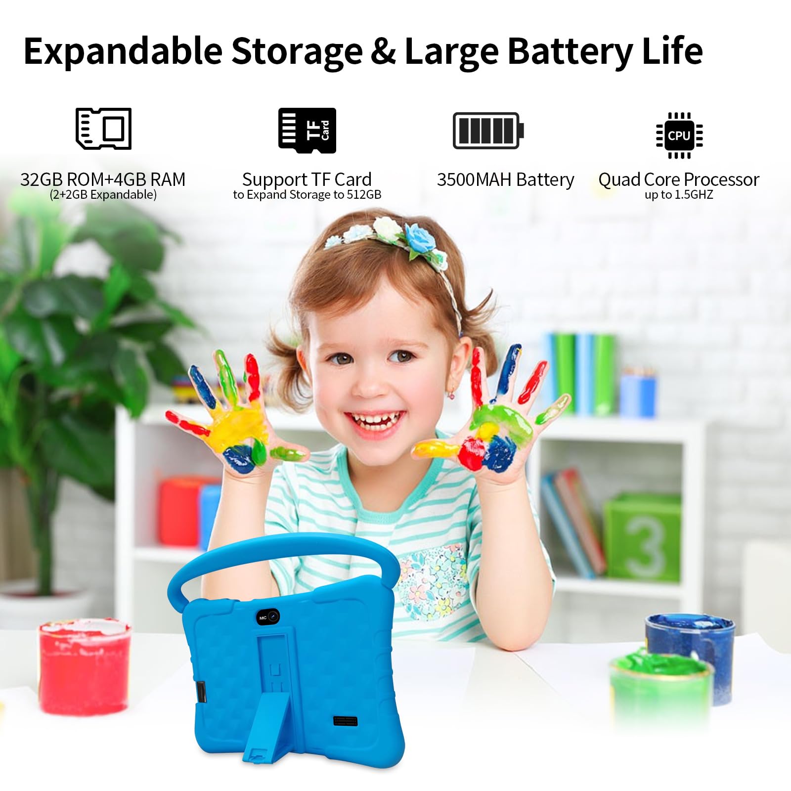 Tablet per bambini da 7 pollici, 32 GB, Android 13 con WiFi, doppia fotocamera, istruzione, giochi, software per bambini preinstallato, tablet PC con filtri per età, controllo genitori (blu)