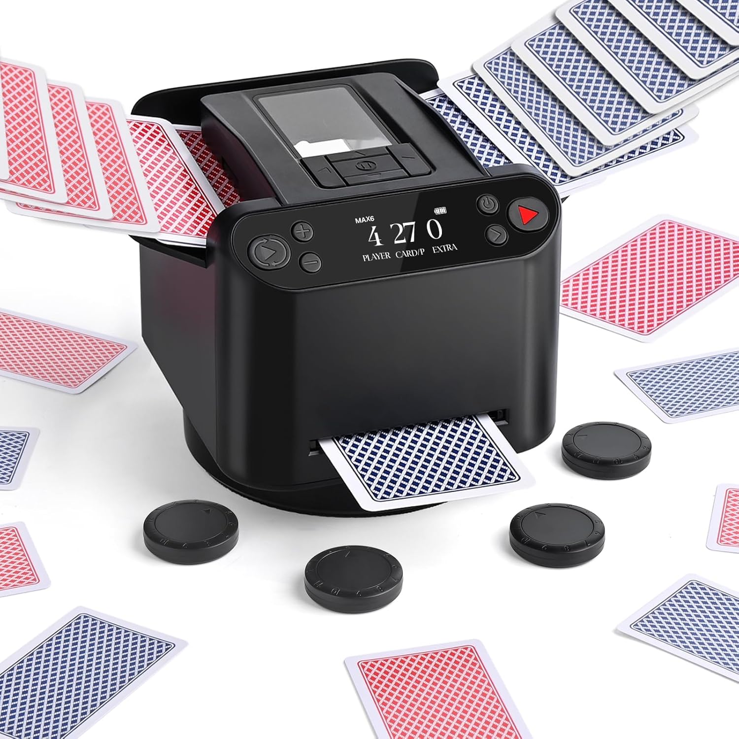 Automatic Card Shuffler and Dealer Machine – 360° Rotating for 1-2 Decks, 2-12 Players with 4 Remotes | Built-in Game Modes, Rechargeable & Quiet for Poker, UNO, Phase 10, Skip-Bo, Rummy (Black)
