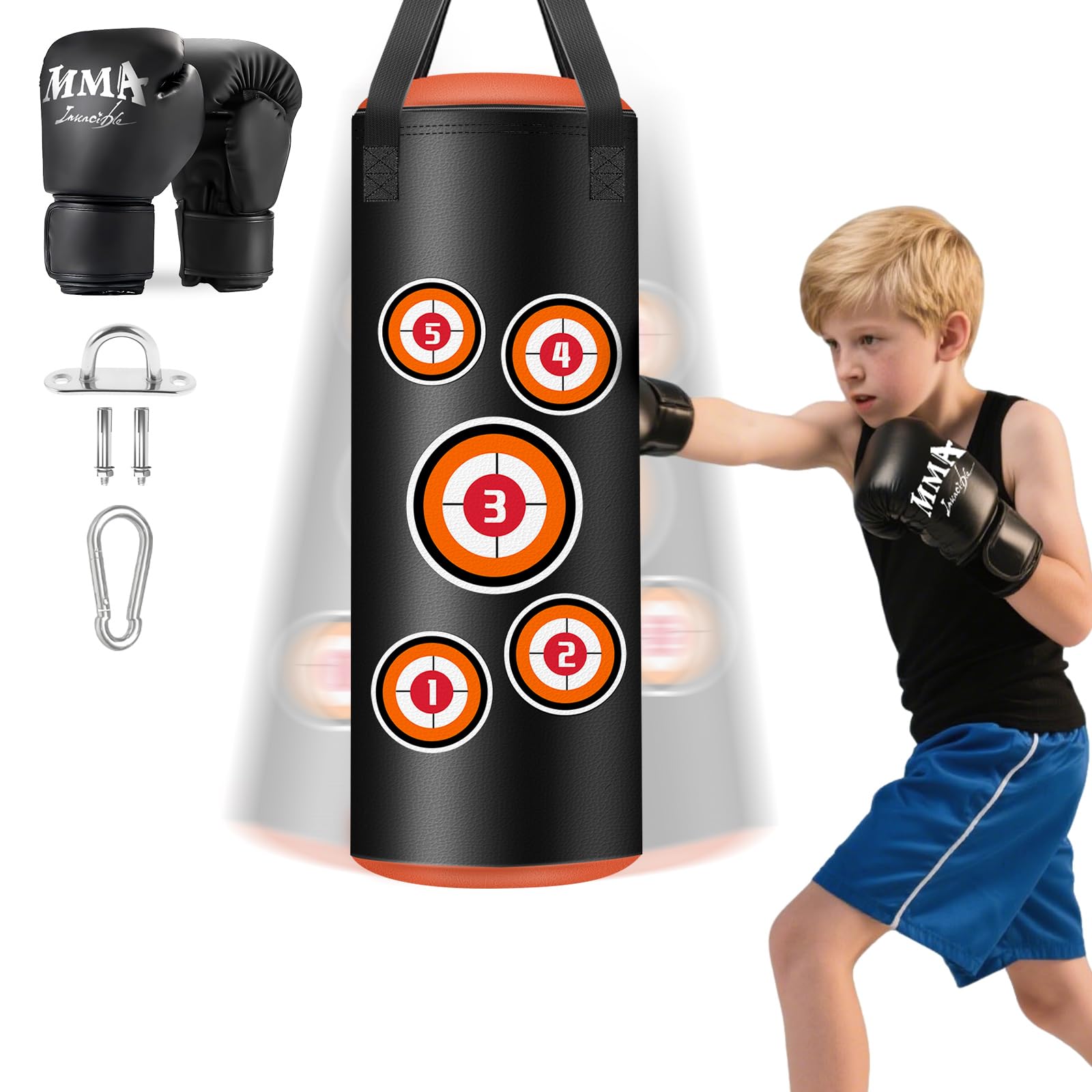 JUOIFIP Boxsack Hängend Set, Boxsack Kinder mit Handschuhen 60 cm, Microfiber Leder Schwere Tasche für das Training Kickboxen Fitness MMA Grappling Muay Thai Karate