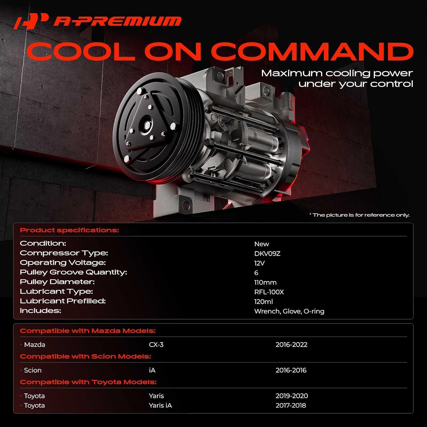 A-Premium Air Conditioner AC Compressor with Clutch Compatible with Toyota Yaris 2019-2020, Yaris iA 2017-2018 & Mazda CX-3 CX3 2016-2022 & Scion iA 2016-2016