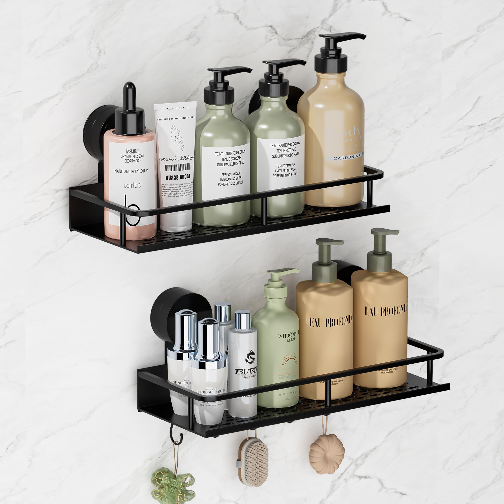 Wisfame Shower Caddy Suction Cup,2 Shower Shelf No Drilling with 5 Hooks,Rustproof Aluminium Bathroom Shelf, Max Hold 10KG Bathroom Organizer for Shower Accessories-Black