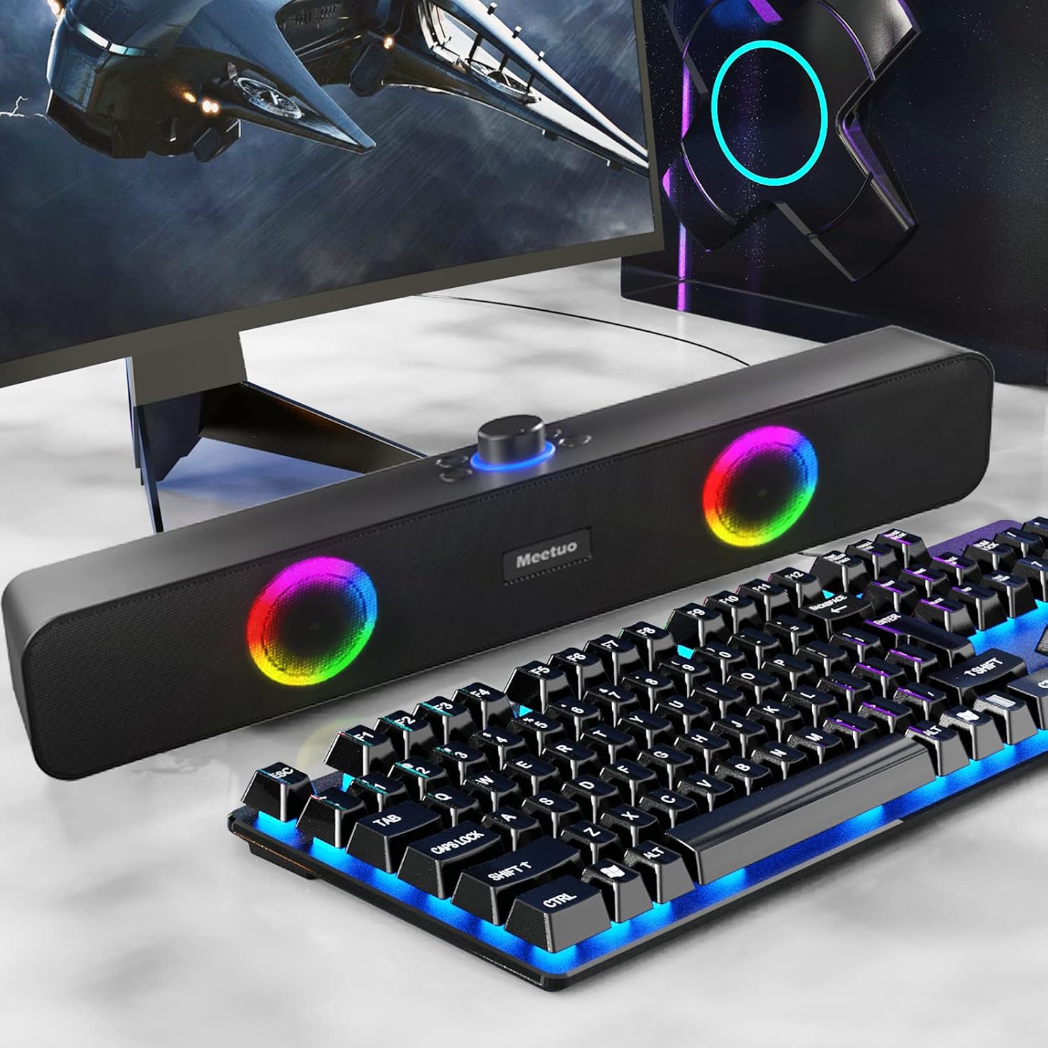 Meetuo Bluetooth Computer Speakers for Desktop, Powerful Wired PC Laptop Speakers Built in Battery Play Up to 7 Hours Stereo Small Soundbar RGB Lights
