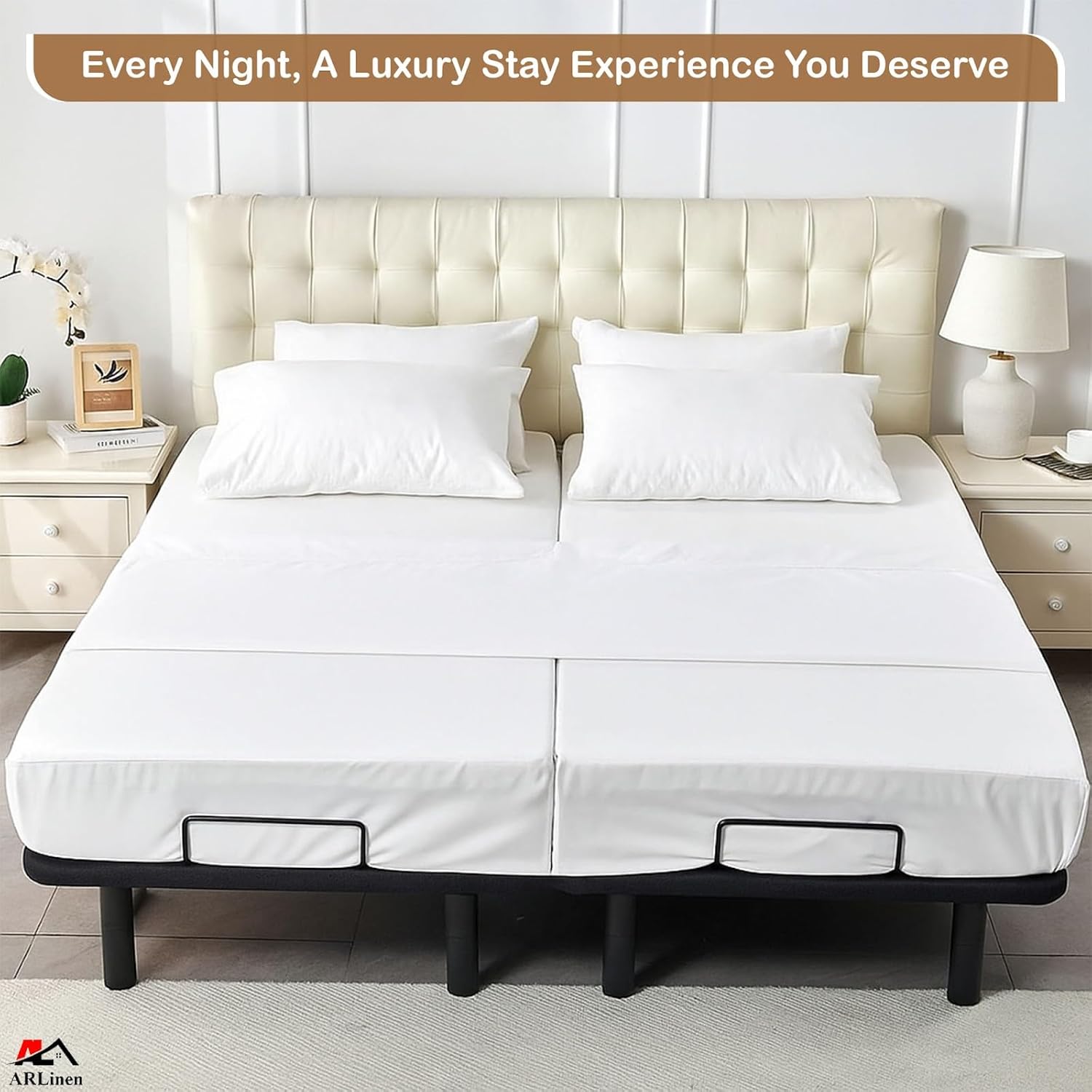 ARlinen Split California King Sheet Set - 7 Piece 100% Egyptian Cotton Sheets for Adjustable Beds, 16-Inch Deep Pockets, White Hotel Luxury Bed Sheets