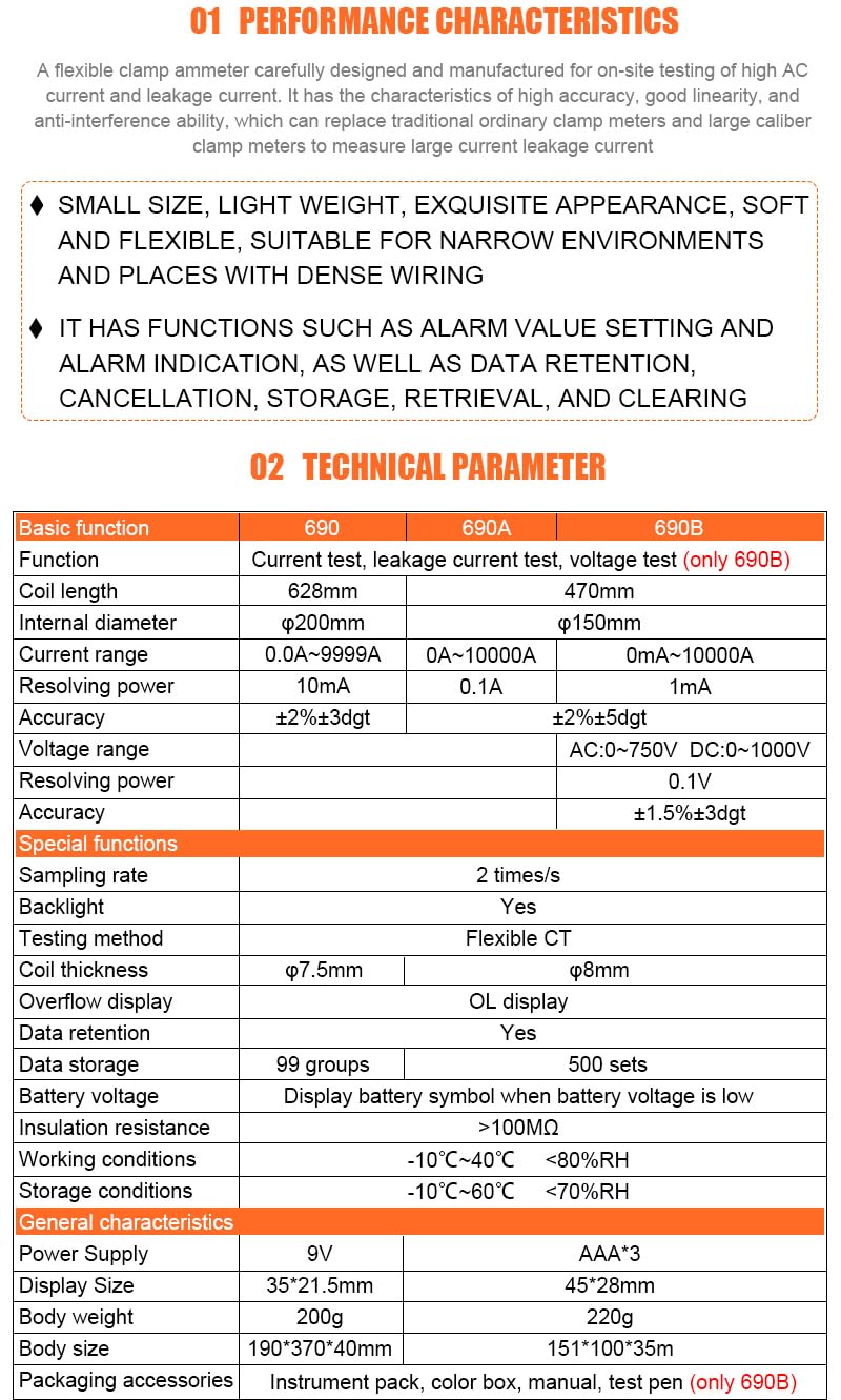 690 690A 690B Coil Length 470mm Current Range 0A - 10000A high Current Leakage Current Clamp Meter(Victor 690)