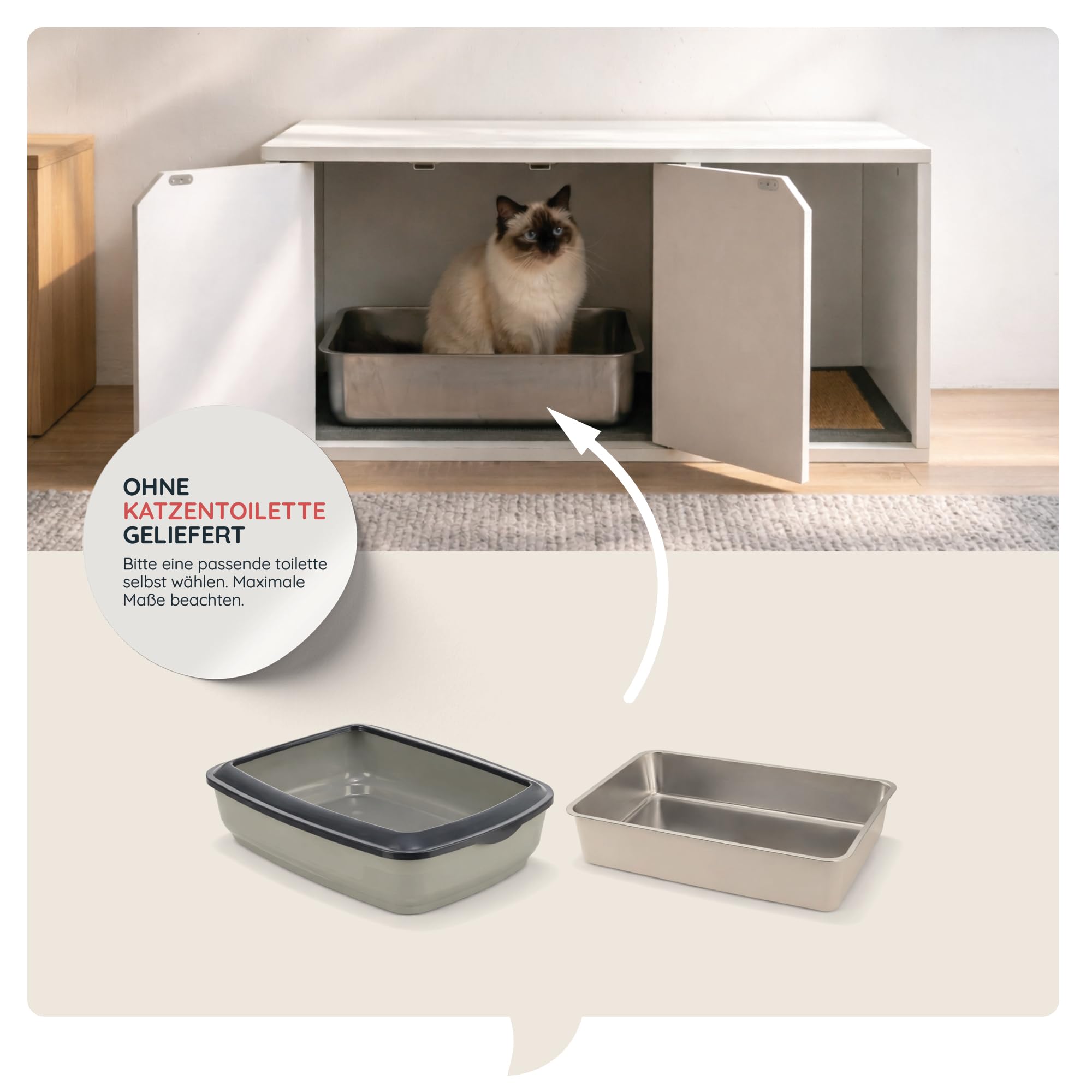 Catchi Katzenklo Schrank in Weiß – Nachhaltig & 100% recycelbar – Formaldehydfrei & Schadstofffrei – inklusive Kratzbrett – Werkzeuglose Montage – Modernes Design - 91x52x43cm