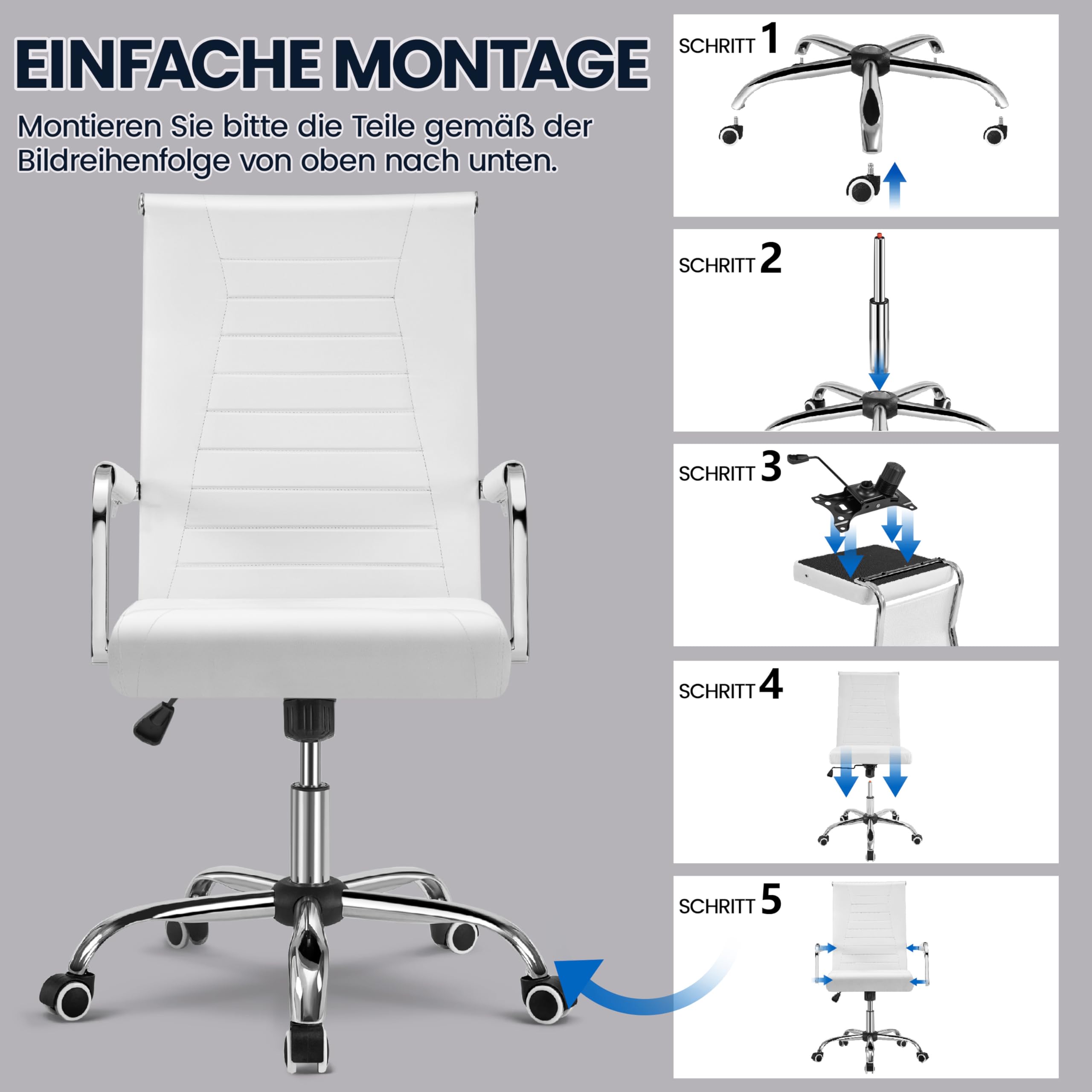 Yaheetech Bürostuhl ergonomischer Schreibtischstuhl mit Armlehnen, Chefsessel Computerstuhl hoher Rückenlehne, Arbeitsstuhl mit Wippfunktion bis 136 kg Belastbar Weiß