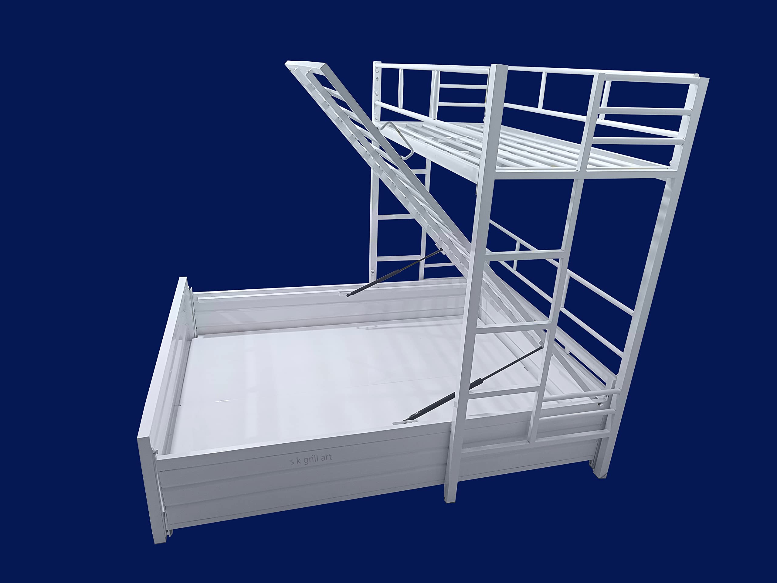 s k grill art Wrought Iron Metal Bunk Bed Frame for Adults Kids with Storage Box Queen Plus Single Size Twin Loft (5 X 6 feet + 2.5 X 6 feet, White Colour Powder Coated) 1