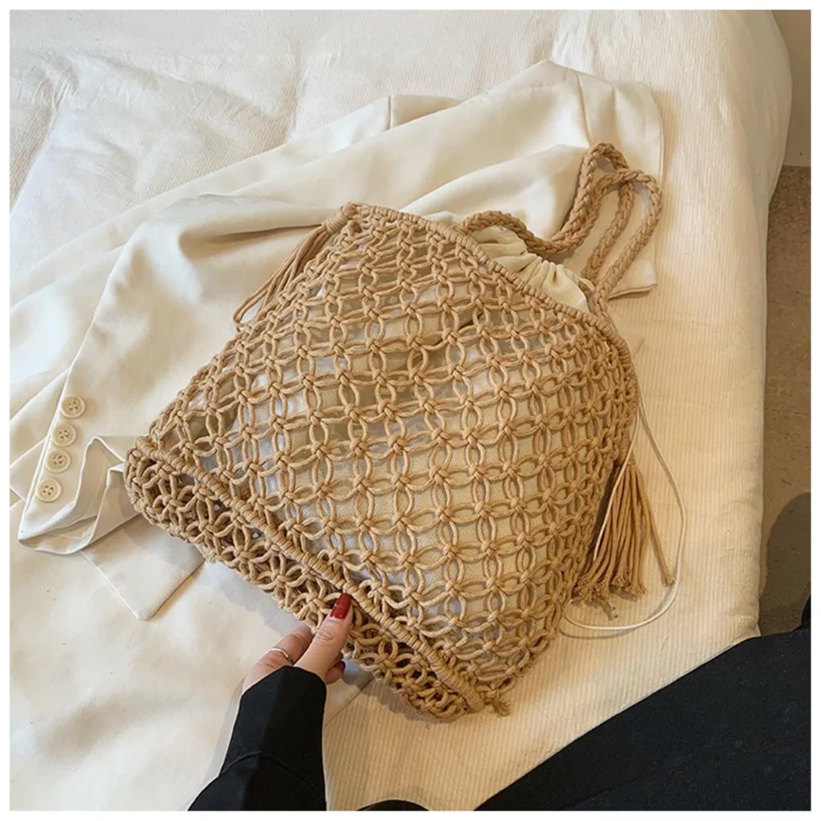 Sommer Stroh Woven Tasche for Frauen Handtaschen Handgemachte Bast Strand Boho Schulter Tasche Große Trage Tasche Quaste Einkaufstasche Bolsas 2023(White,Linen Inner Bag)