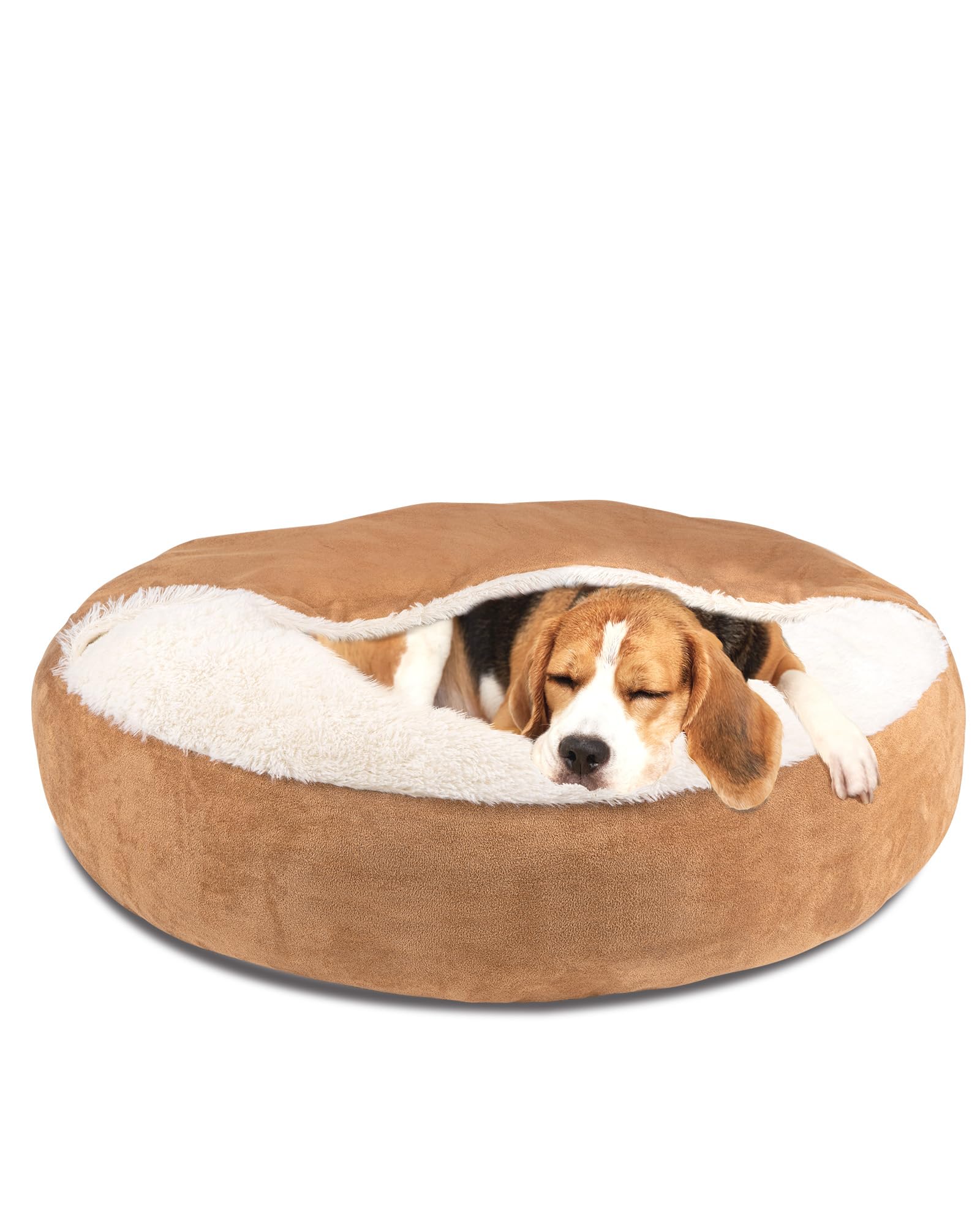 Pet Soft Small Dog Bed Cat Bed with Cover Cave - Round Calming Dog Beds Washable Cuddler Puppy Beds for Small, Medium Dogs and Cats (Khaki, 30")